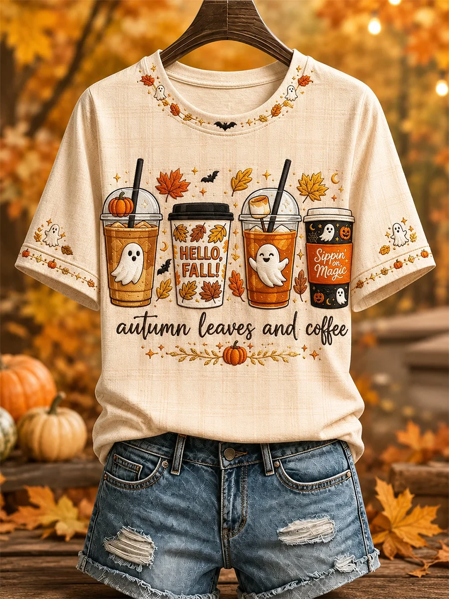 Autumn Leaves And Coffee Please T-Shirt Autumn Halloween Tee Unique Gifts For Her - Kdjoy