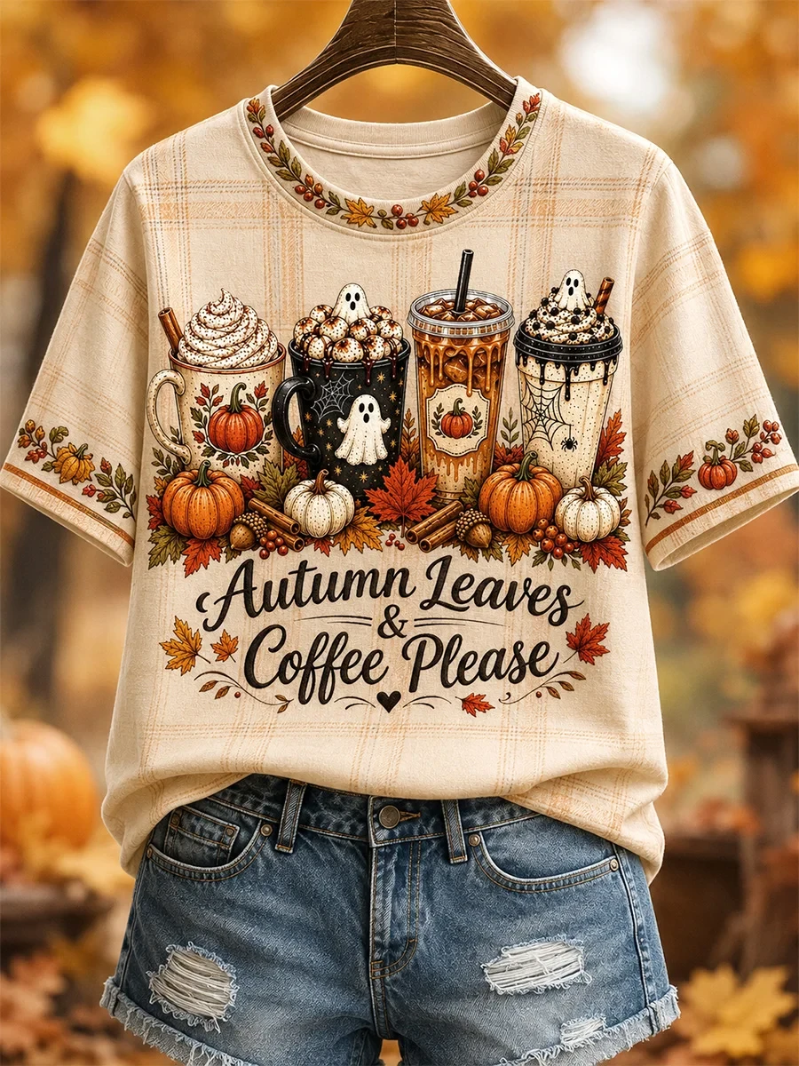 Autumn Leaves And Coffee Please T-Shirt Cute Ghost Shirt Halloween Gift For Coffee Lovers - Kdjoy