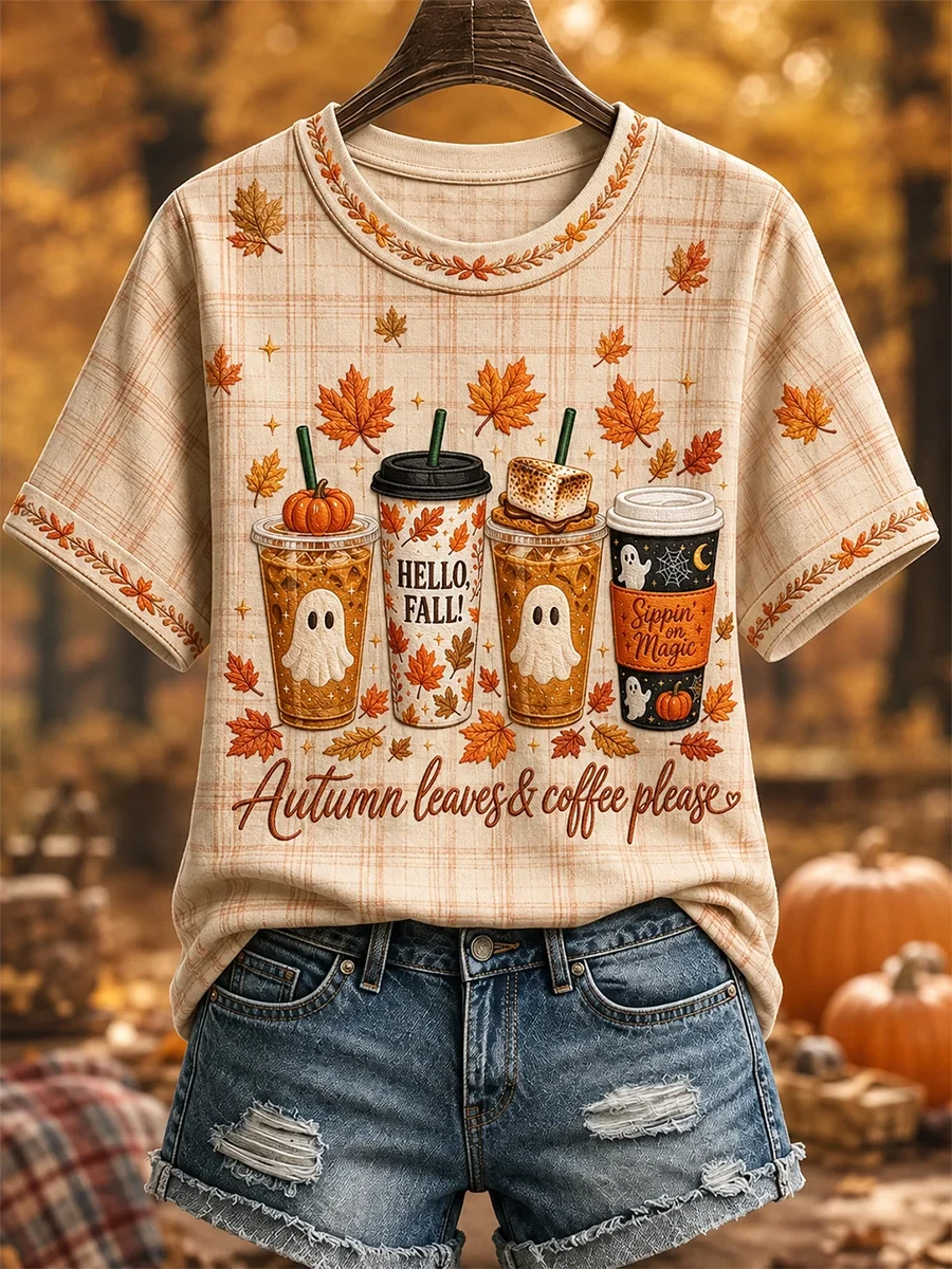 Autumn Leaves And Coffee Please T-Shirt Cute Halloween Apparel Fall Gifts For Her - Kdjoy