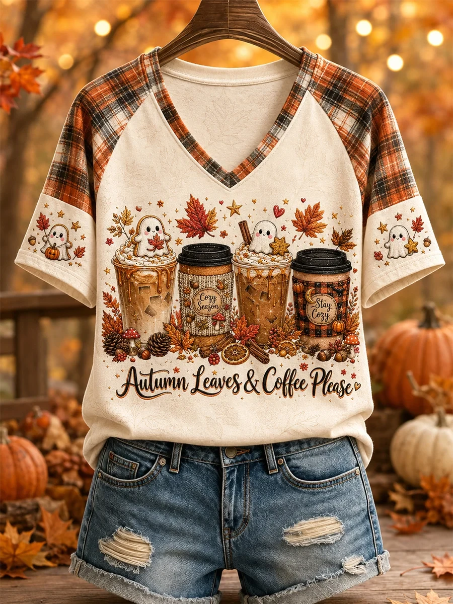 Autumn Leaves And Coffee Please V-Neck Shirt Cute Autumn Clothes Great Halloween Gifts - Kdjoy