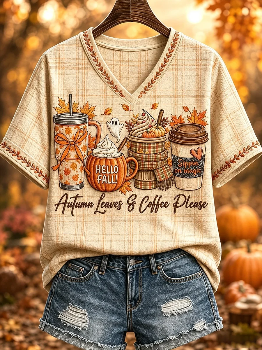 Autumn Leaves And Coffee Please V-Neck Shirt Cute Fall Clothes Gifts For Halloween Ideas - Kdjoy