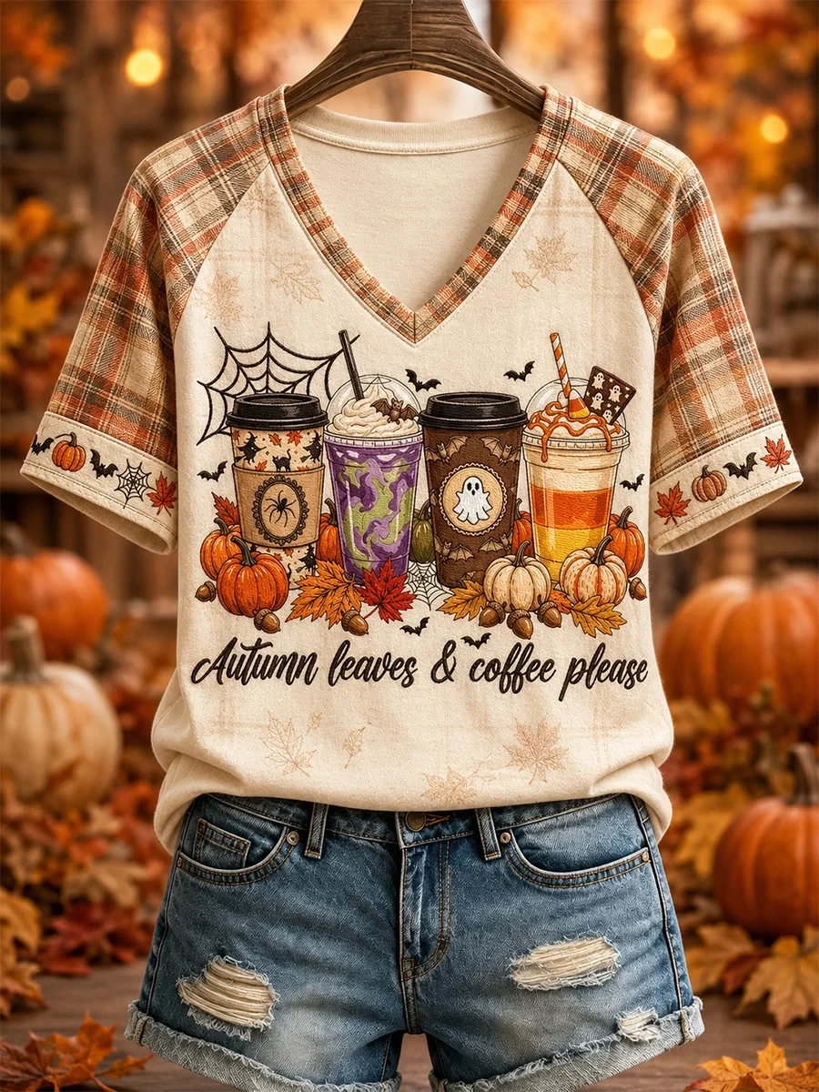 Autumn Leaves And Coffee Please V-Neck Shirt Cute Halloween Apparel Gift For Coffee Lovers - Kdjoy