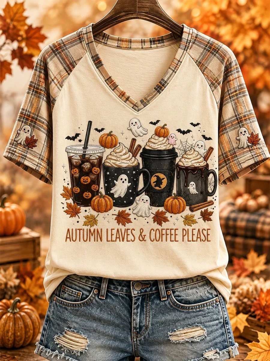 Autumn Leaves And Coffee Please V-Neck Shirt Cute Halloween Apparel Gift For Coffee Lovers - Kdjoy