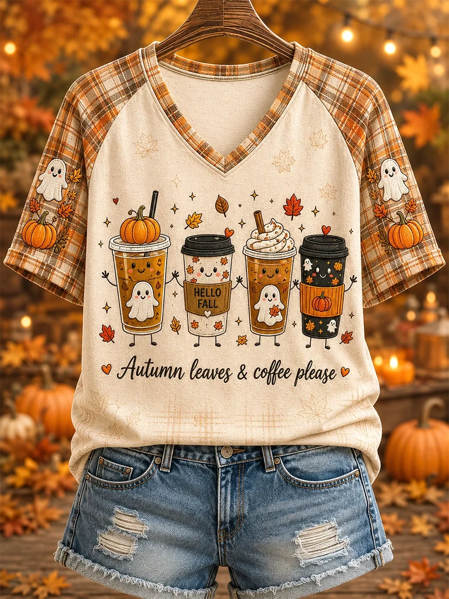 Autumn Leaves And Coffee Please V-Neck Shirt Fall Trendy Clothes Halloween Gifts Ideas - Kdjoy
