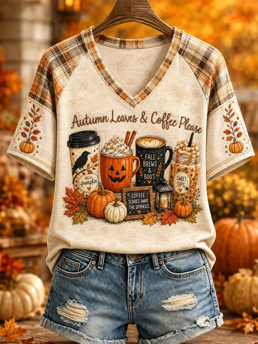 Autumn Leaves And Coffee Please V-Neck Shirt Halloween Themed Clothes Coffee Lover Gifts - Kdjoy Autumn Leaves And Coffee Please V-Neck Shirt Halloween Themed Clothes Coffee Lover Gifts - Kdjoy