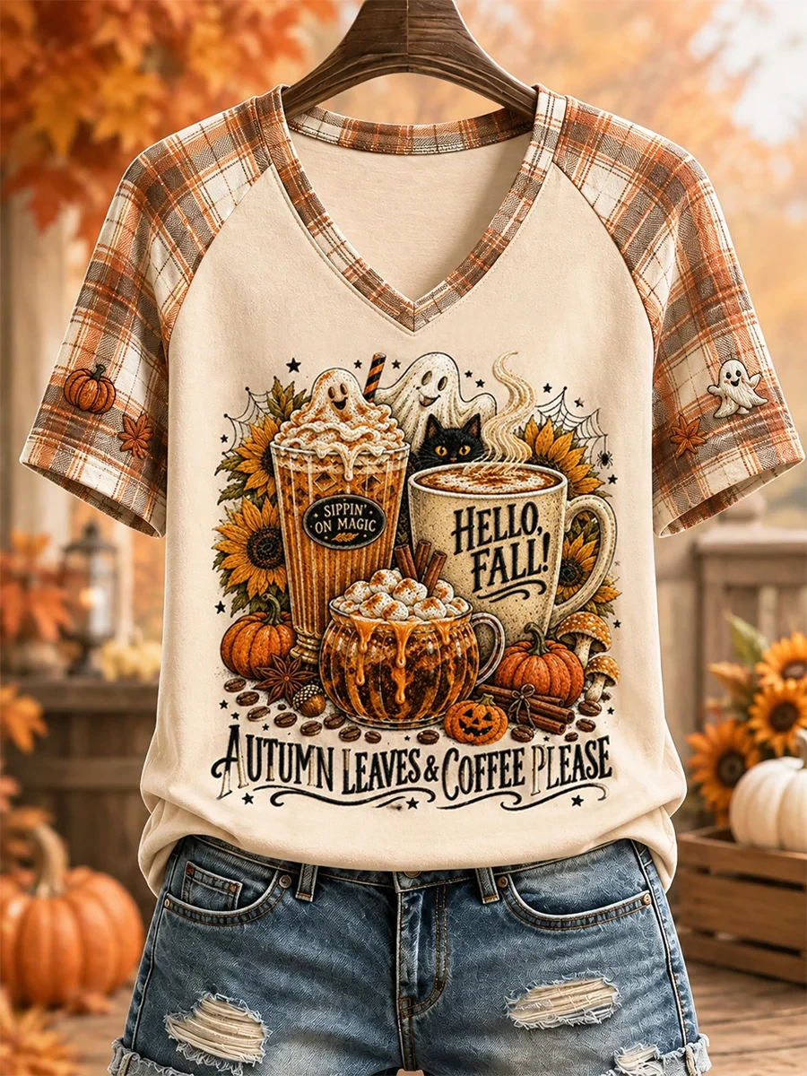 Autumn Leaves And Coffee Please V-Neck Shirt Hello Fall Pumpkin Shirt Gifts For Her - Kdjoy