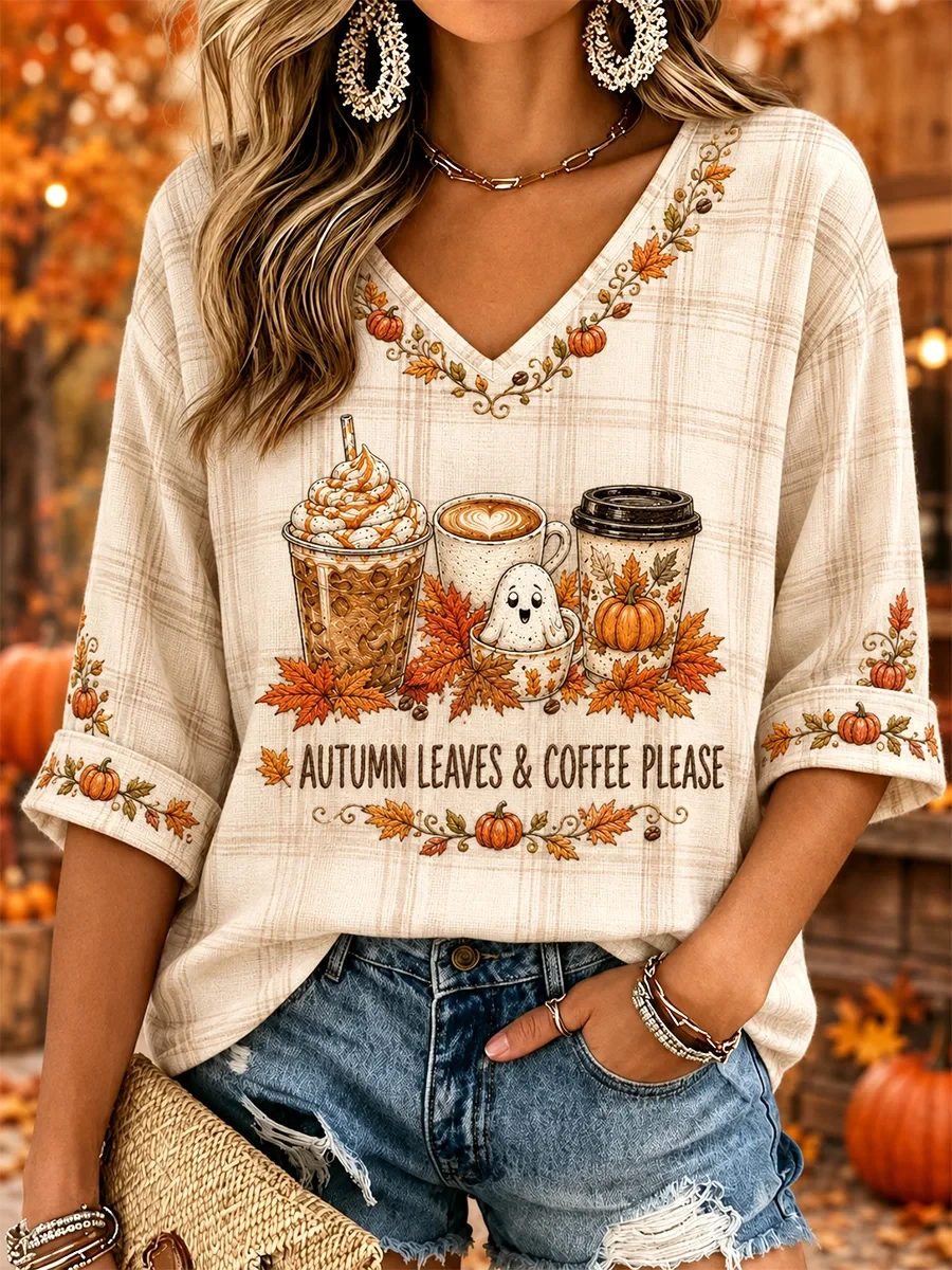 Autumn Leaves & Coffee Please Cropped Sleeve V-Neck Shirt Fall Coffee Clothing Gift Ideas - Kdjoy