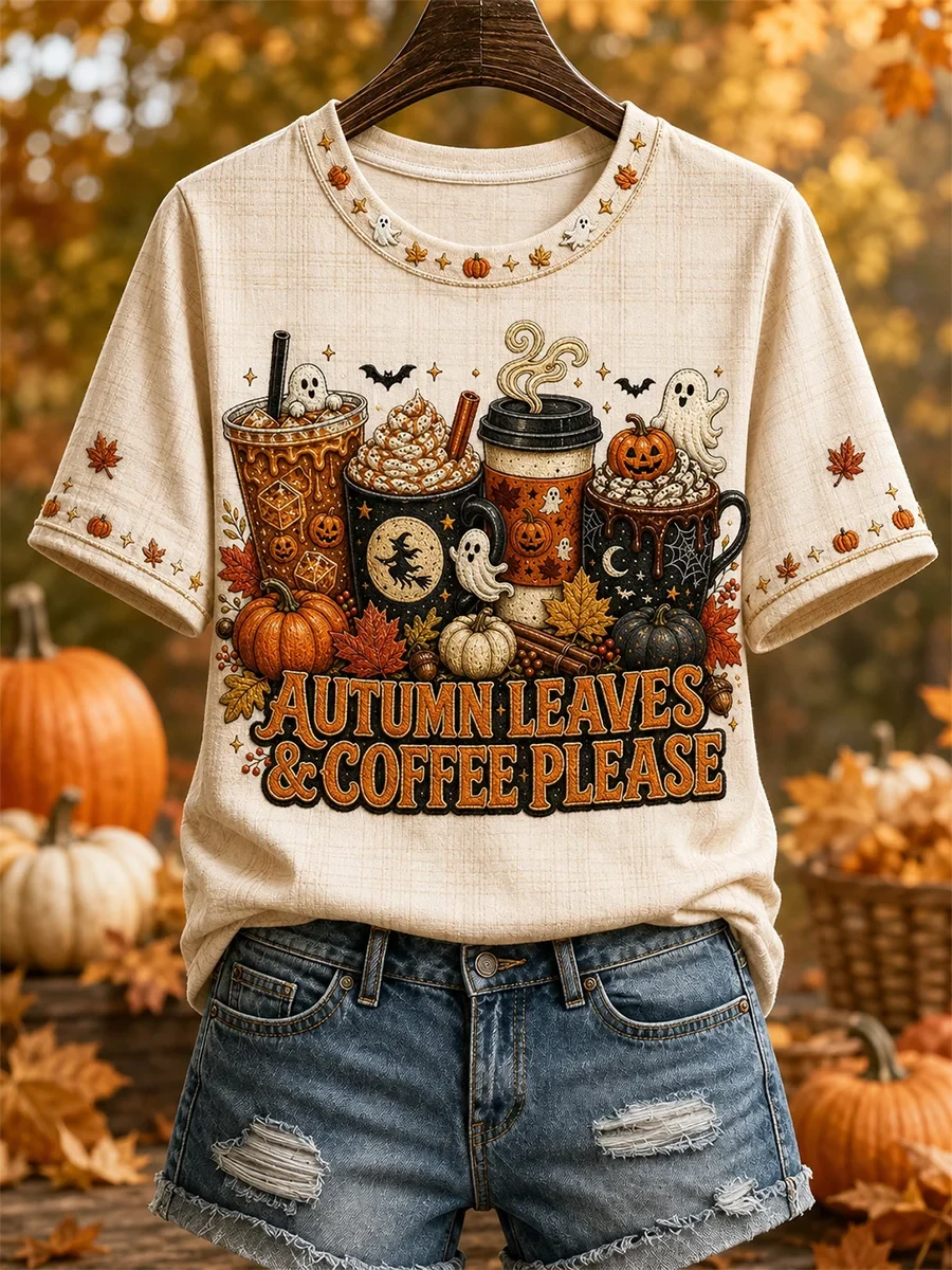Autumn Leaves Coffee Please T-Shirt Autumn Halloween Merch Gifts For Fall Apparel - Kdjoy