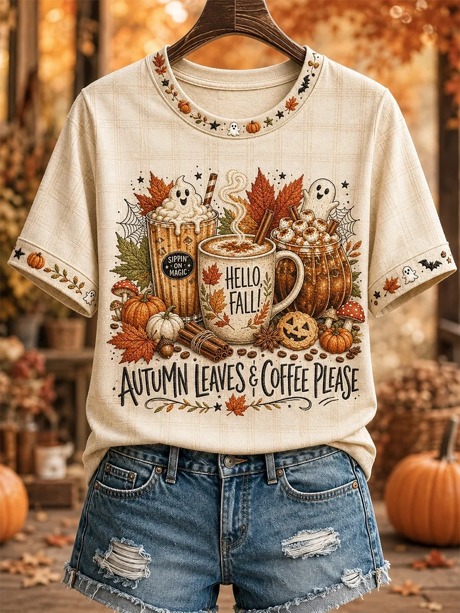 Autumn Leaves Coffee Please T-Shirt Autumn Halloween Shirt Top Apparel Gift - Kdjoy