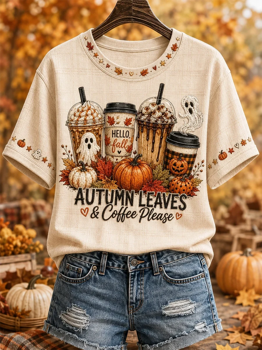 Autumn Leaves Coffee Please T-Shirt Autumn Halloween Shirt Unique Halloween Apparel - Kdjoy