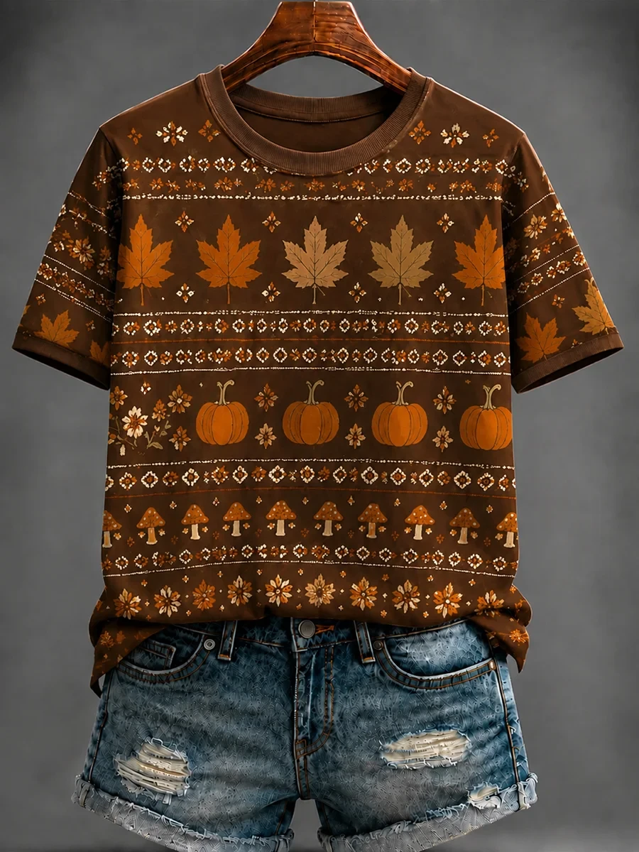 Autumn Leaves Pumpkin T-Shirt Fall Inspired Outfit Present Ideas For Her - Kdjoy