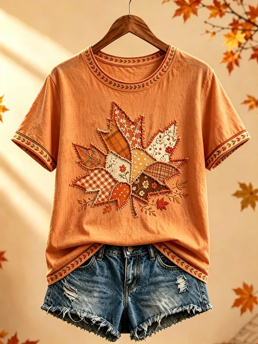 Autumn Maple Leaf Patchwork T-Shirt Fall Inspired Clothes Useful Gift For Her - Kdjoy