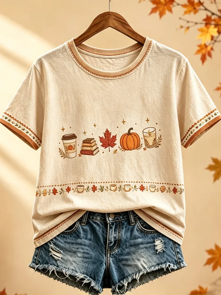 Autumn Maple Leaf T-Shirt Casual Outfits Autumn Themed Apparel Gift For Her - Kdjoy