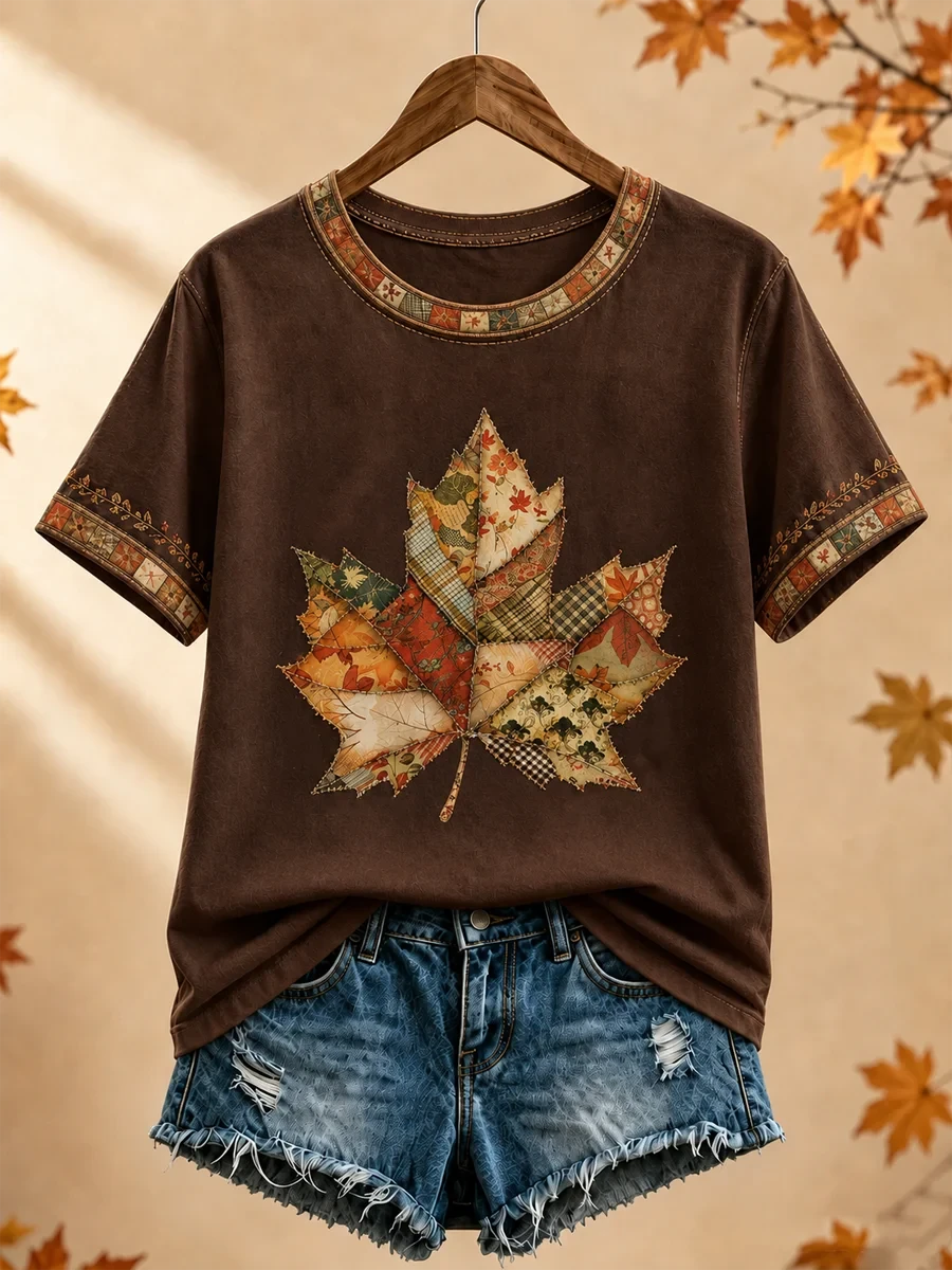 Autumn Maple Leaf T-Shirt Patchwork Cute Fall Trendy Apparel Gift For Mom - Kdjoy