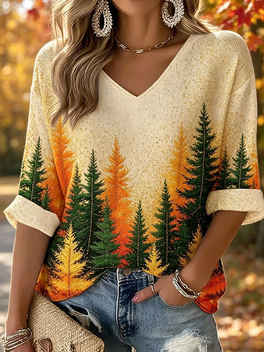 Autumn Pine Trees Cropped Sleeve V-Neck Shirt Nature Landscape Mountain Clothes Gift - Kdjoy