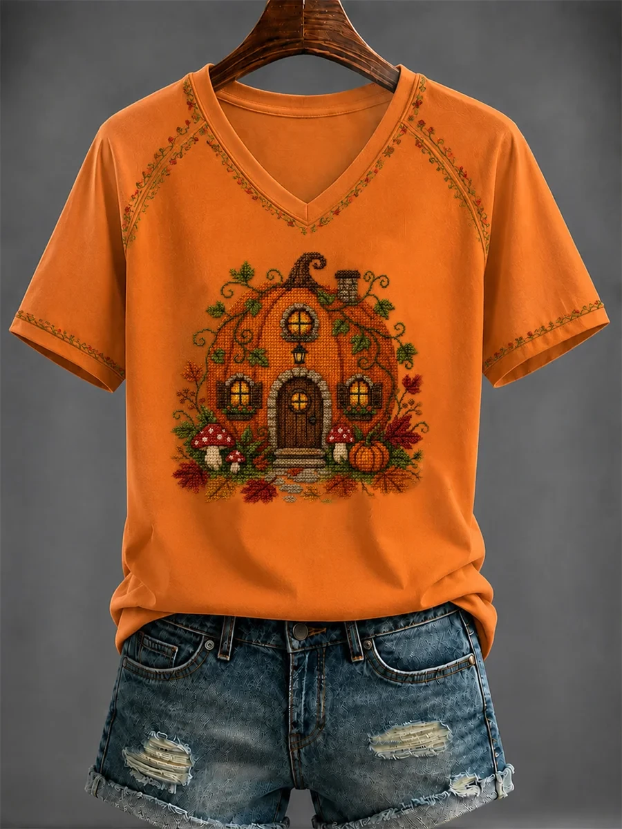 Autumn Pumpkin Art V-Neck T-Shirt Casual Autumn Outfits Gifts Ideas For Sisters - Kdjoy