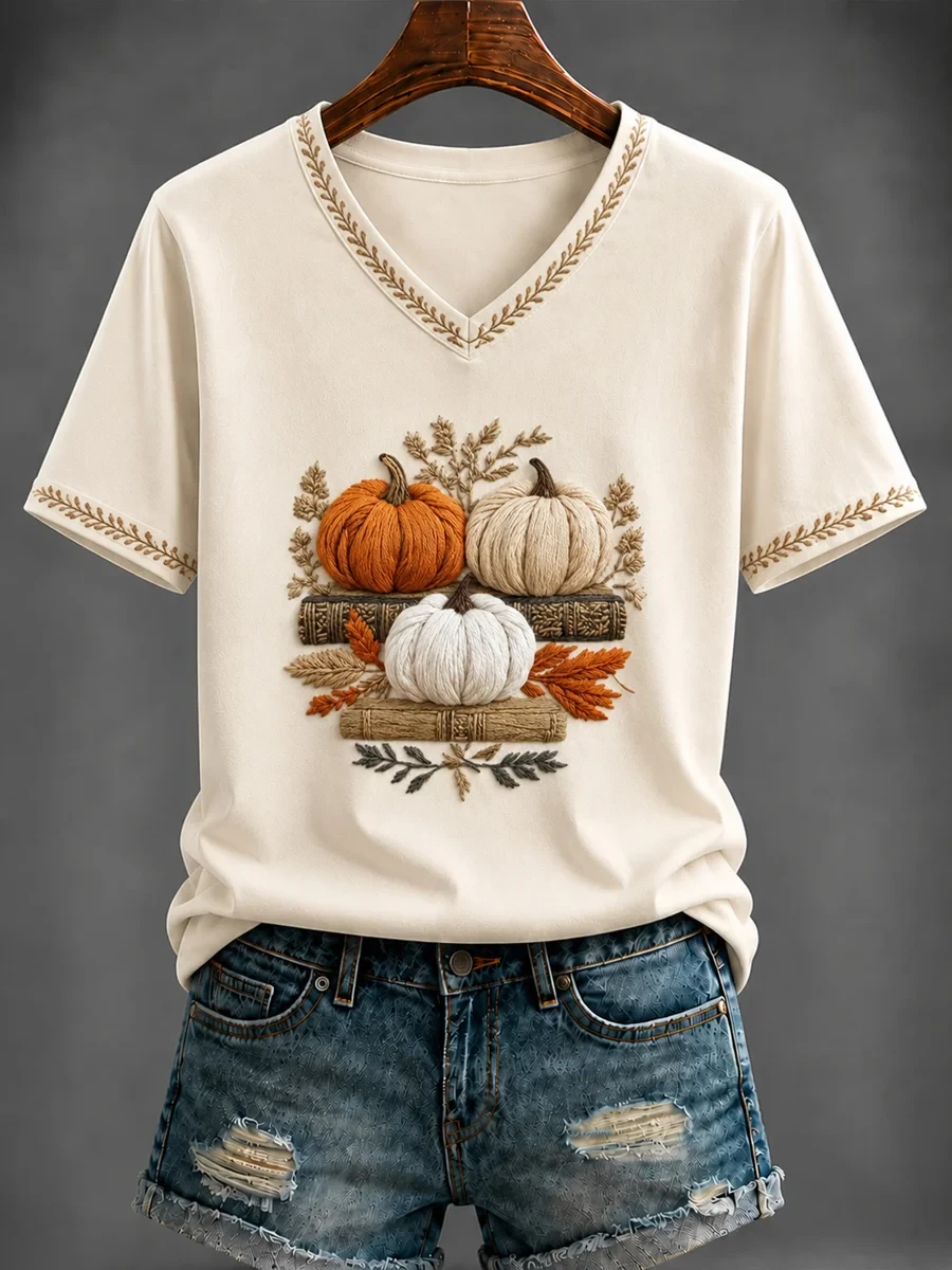 Autumn Pumpkin Art V-Neck T-Shirt Cute Fall Clothes Best Gifts For My Mom - Kdjoy
