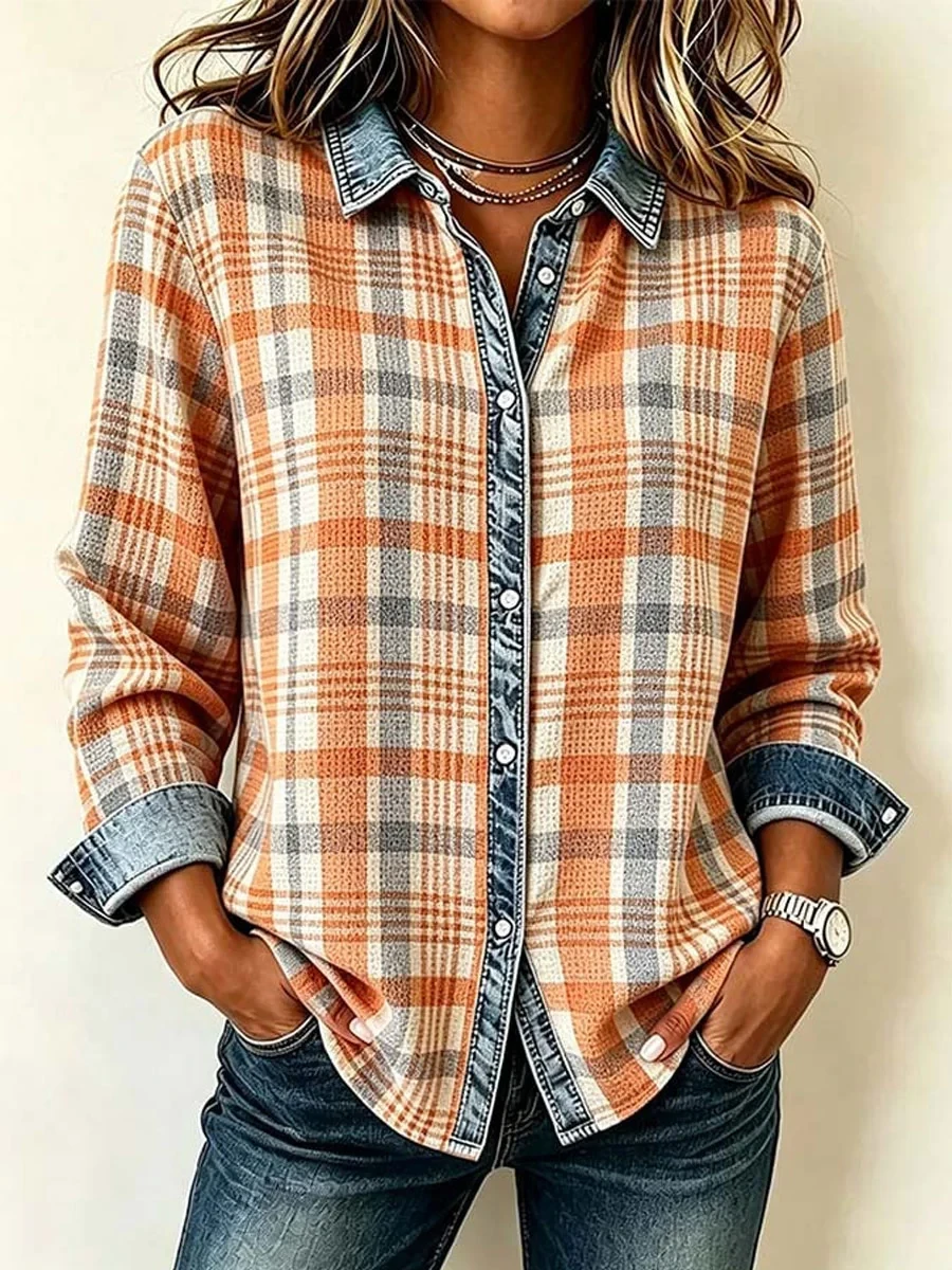 Autumn Pumpkin Button-Up Long-Sleeve Shirt Autumn Clothing Present Ideas For Women