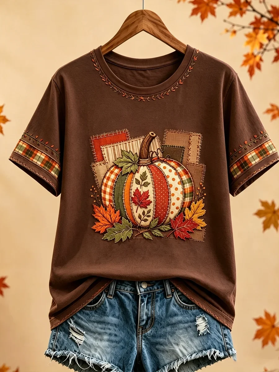 Autumn Pumpkin Patchwork T-Shirt Fall Inspired Clothing Meaningful Gift for Sisters - Kdjoy