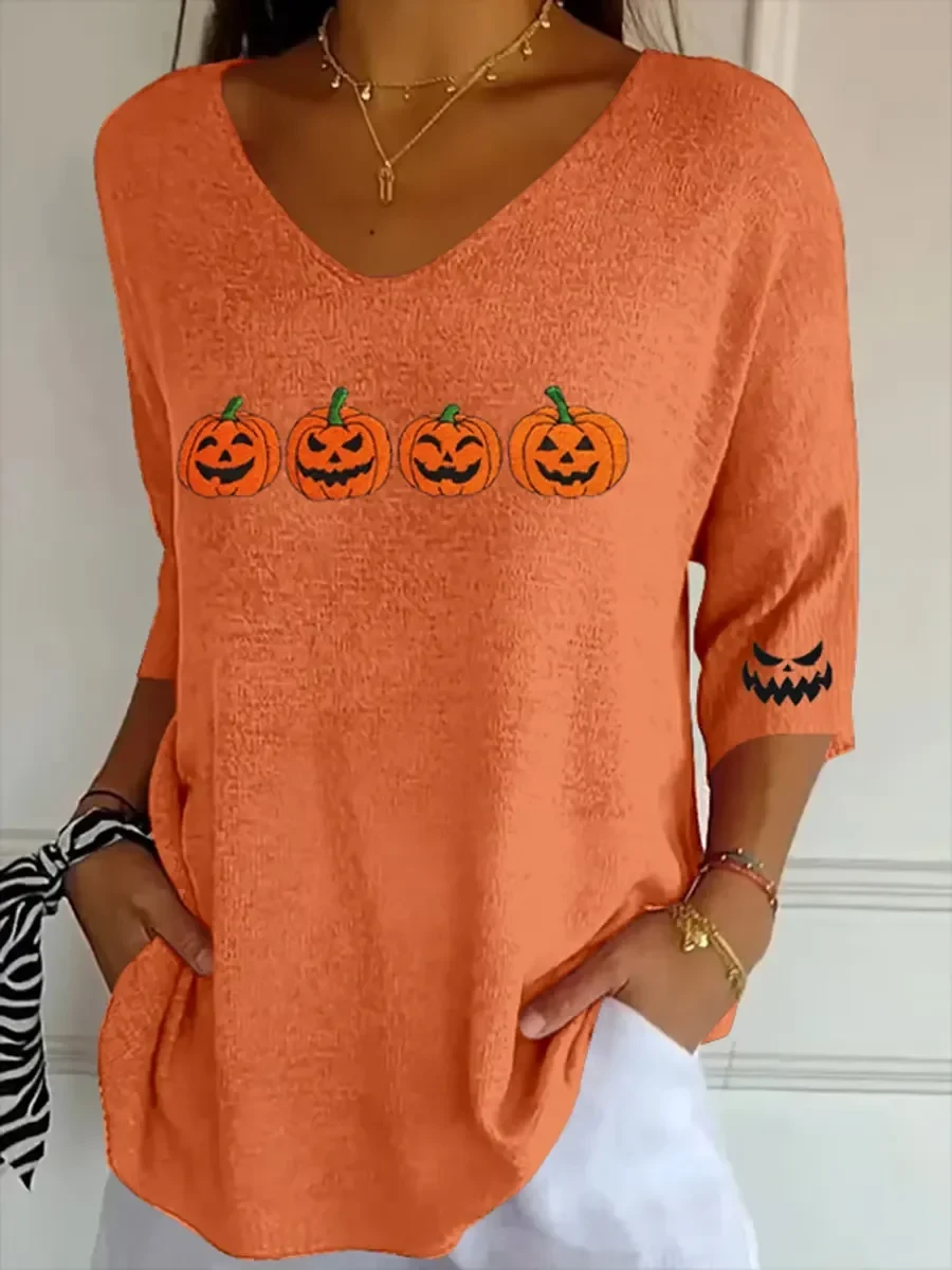 Autumn Pumpkins Cropped Sleeve V-Neck Shirt Funny Halloween Merch Gift Ideas For Her - Kdjoy Autumn Pumpkins Cropped Sleeve V-Neck Shirt Funny Halloween Merch Gift Ideas For Her - Kdjoy