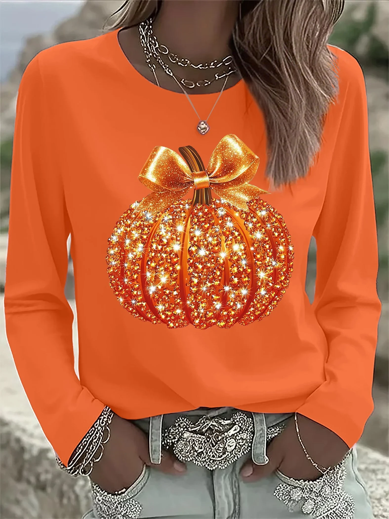 Autumn Sequin Pumpkin Long Sleeve T-Shirt Thanksgiving Apparel Gift Ideas For Mom - Kdjoy
