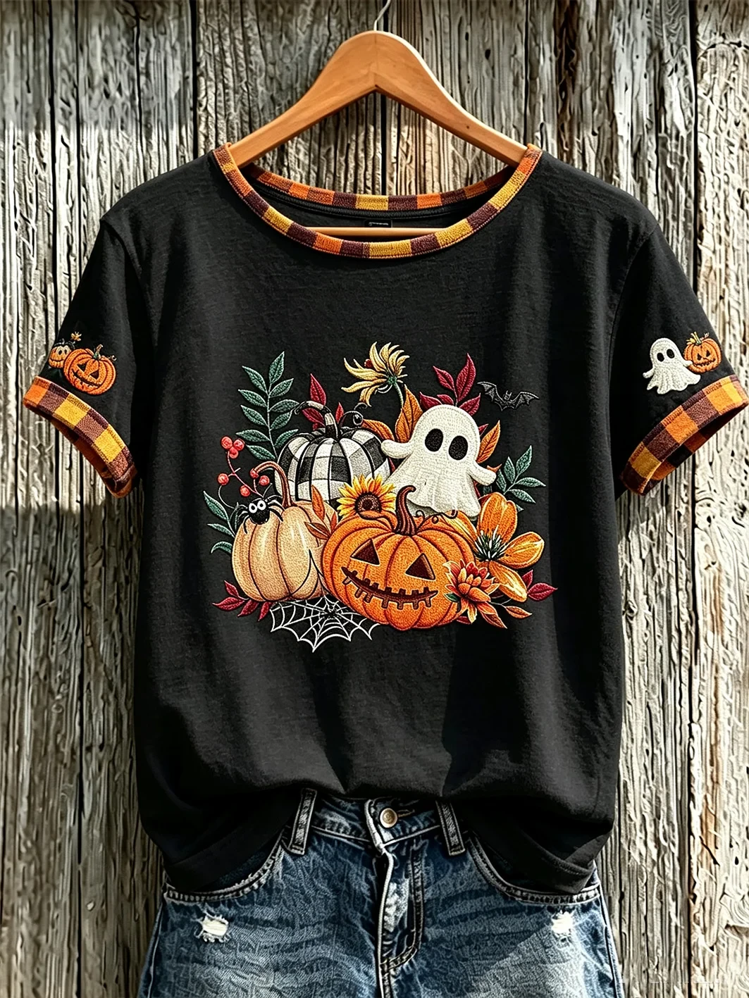 Autumn Theme Adorable Ghost Pattern T-Shirt Halloween Ideas For Gifts - Kdjoy