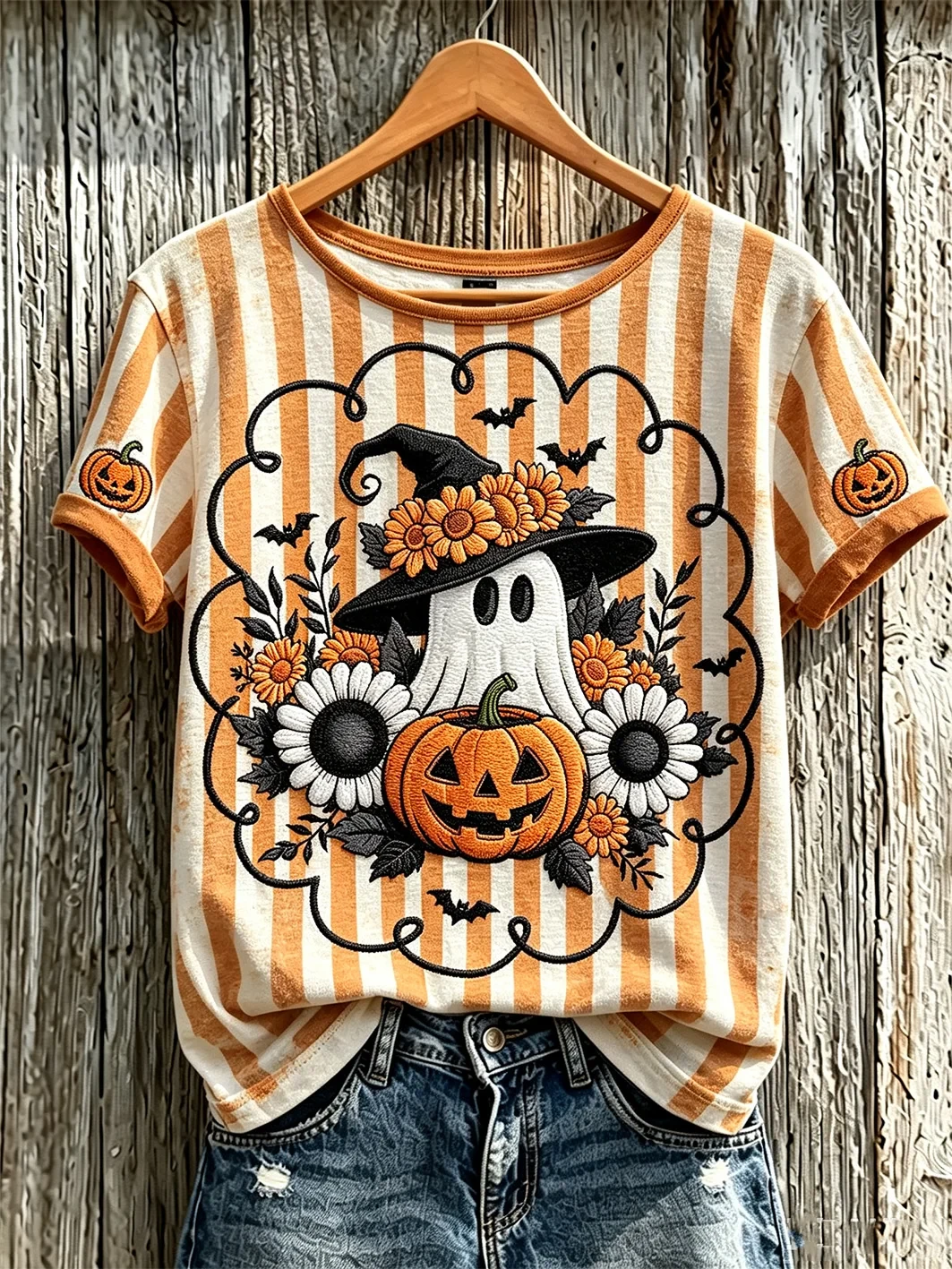 Autumn Theme Adorable Ghost Pattern T-Shirt Trendy Autumn Clothes Halloween Presents - Kdjoy