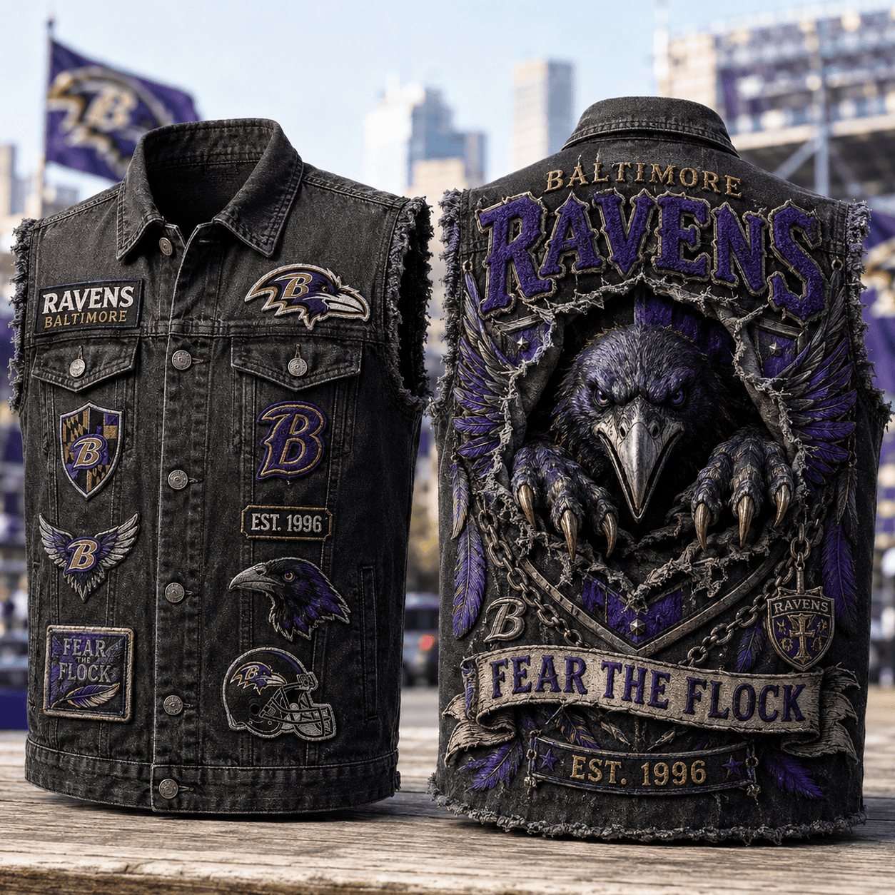 Baltimore Ravens Fear The Flock Est 1996 Denim Vest Ravens Merch Gifts For Brother - Kdjoy