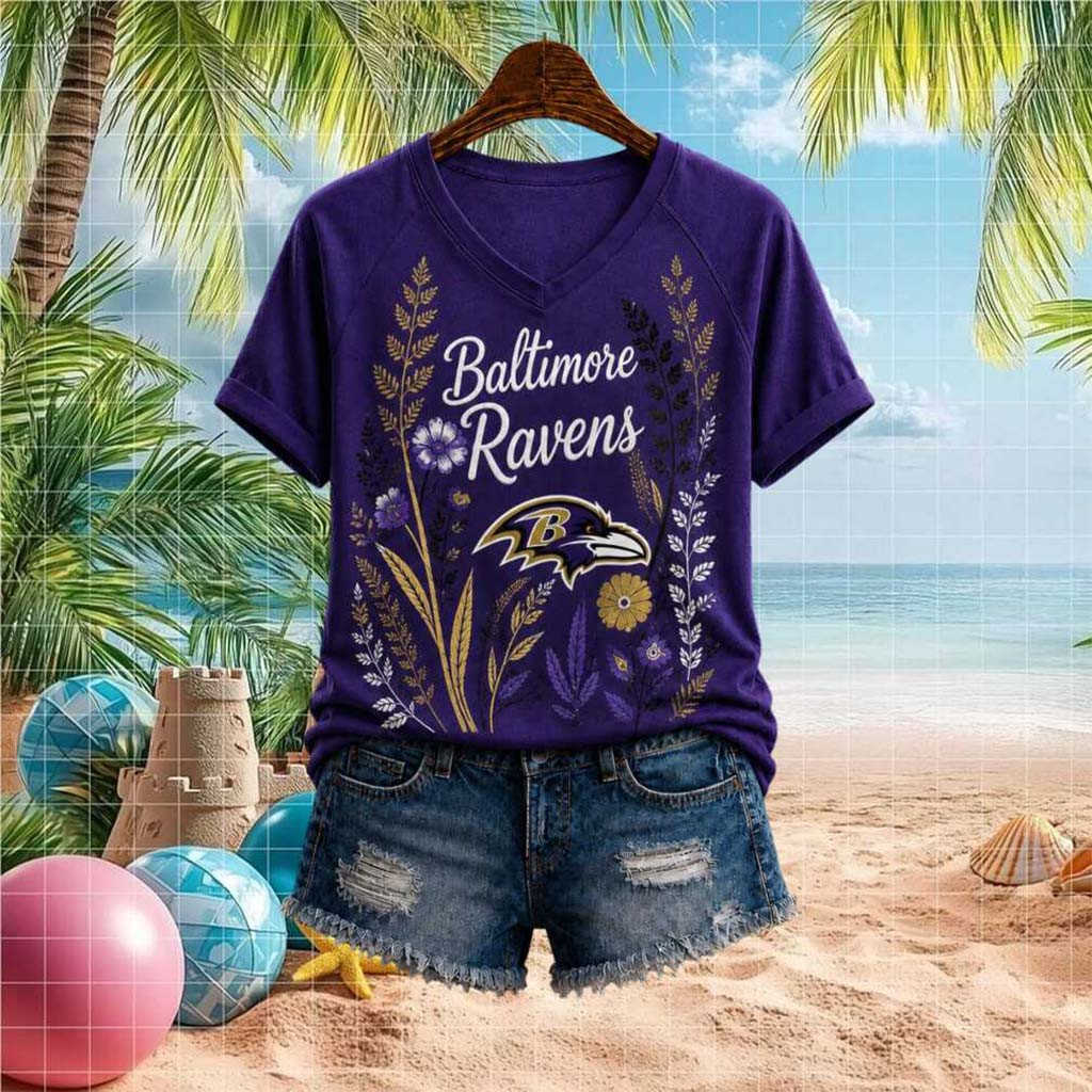 Baltimore Ravens Floral Boho Football Team V-Neck Shirt Baltimore Ravens Merch Fan Apparel - Kdjoy Baltimore Ravens Floral Boho Football Team V-Neck Shirt Baltimore Ravens Merch Fan Apparel - Kdjoy