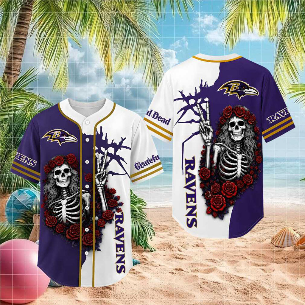 Baltimore Ravens Grateful Dead Skull Rose Baseball Jersey Baltimore Ravens Merch Gifts For Fans - Kdjoy Baltimore Ravens Grateful Dead Skull Rose Baseball Jersey Baltimore Ravens Merch Gifts For Fans - Kdjoy
