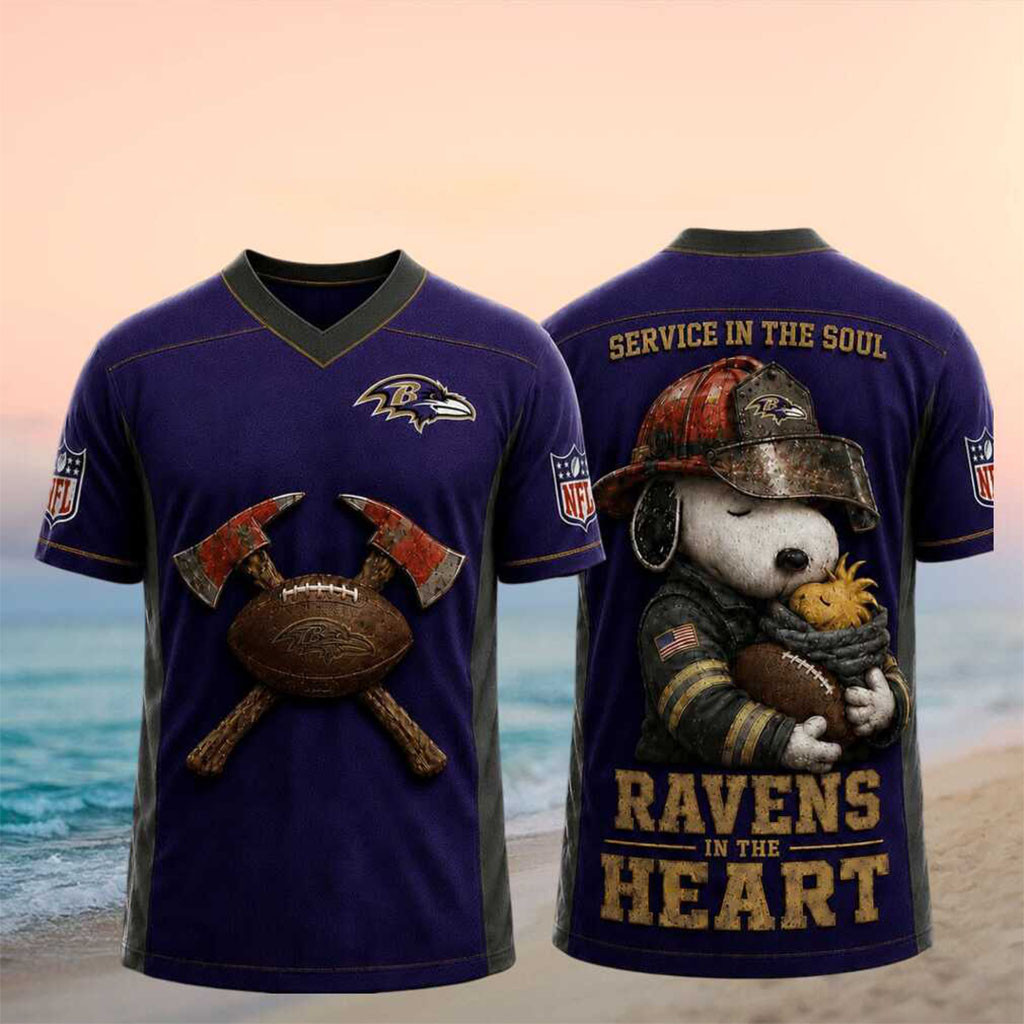 Baltimore Ravens Snoopy Firefighter Football In The Heart V-Neck Shirt Baltimore Ravens Merch - Kdjoy