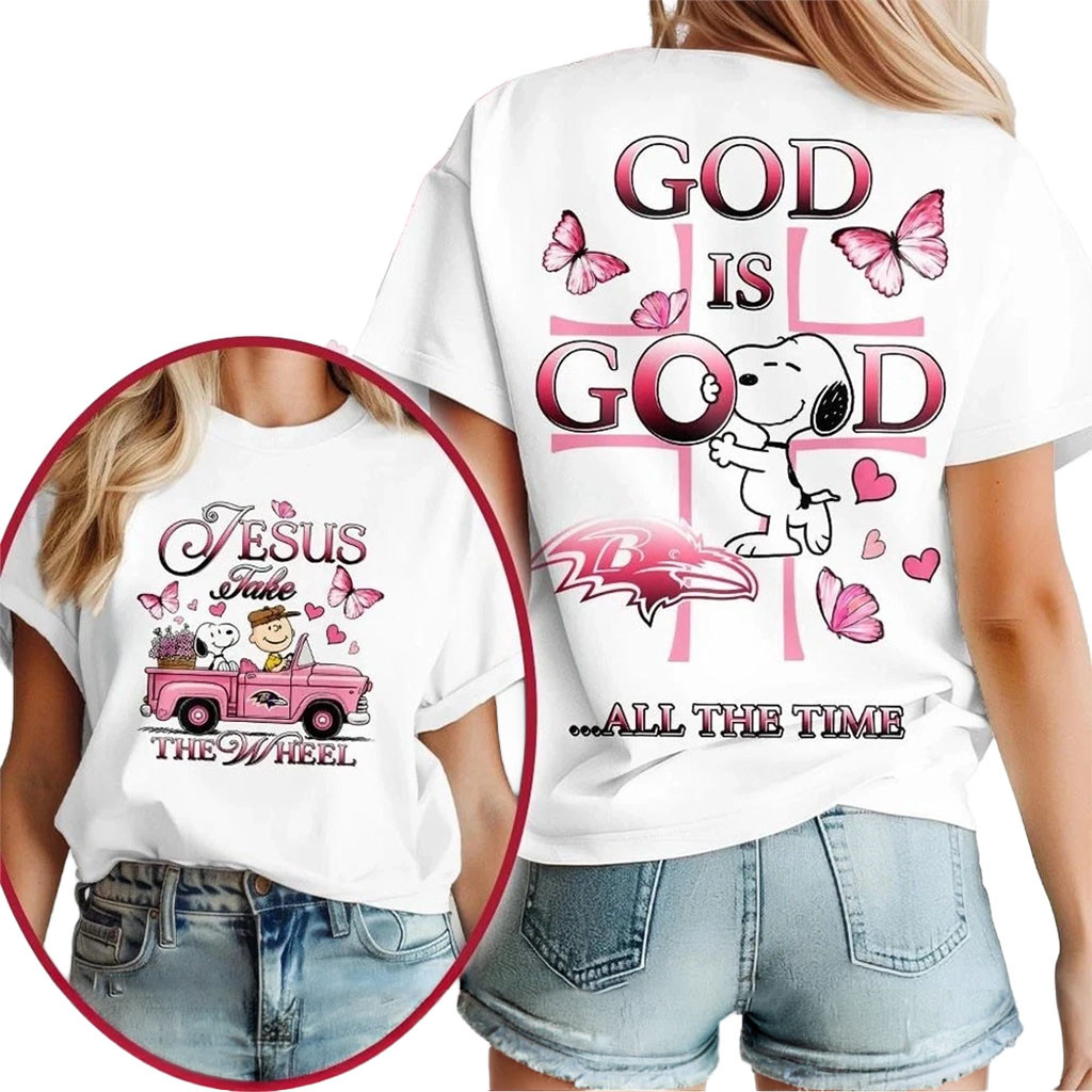 Baltimore Ravens Snoopy Jesus Take The Wheel God Is Good All The Time Shirt Ravens Merch Gifts - Kdjoy