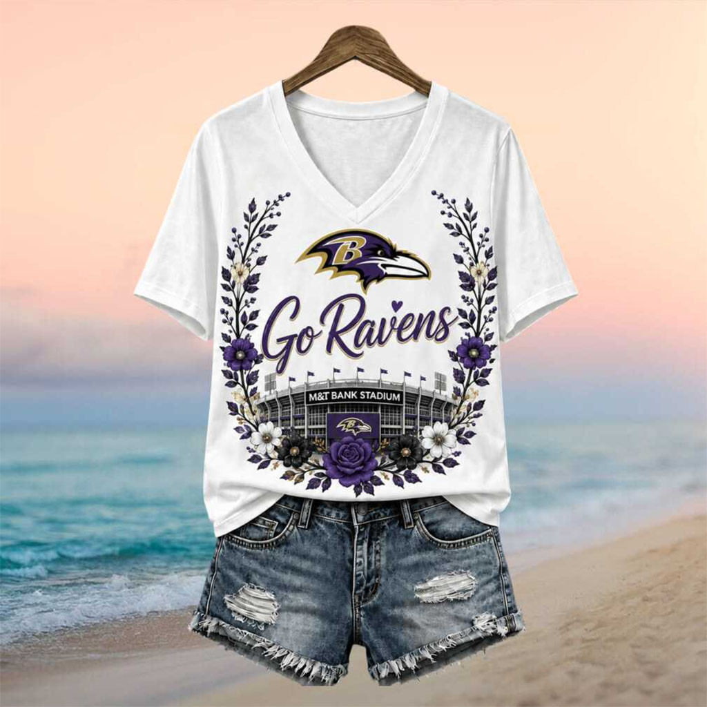 Baltimore Ravens Stadium Floral Wreath Go Ravens Football V-Neck Shirt Baltimore Football Merch - Kdjoy