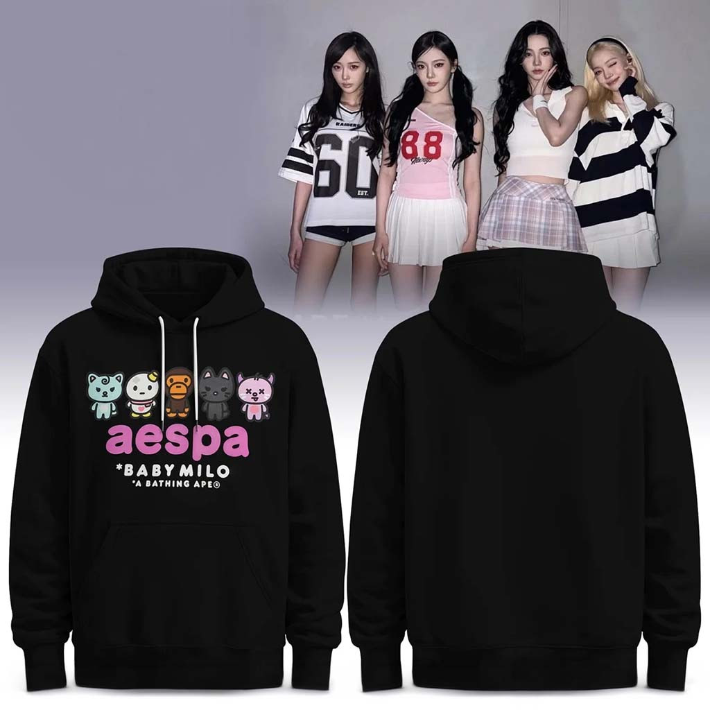 BAPE X AESPA Baby Milo Hoodie Black 2026 A Bathing APE Hoodie AESPA Merch Gift For Kpop Fans - Kdjoy BAPE X AESPA Baby Milo Hoodie Black 2026 A Bathing APE Hoodie AESPA Merch Gift For Kpop Fans - Kdjoy