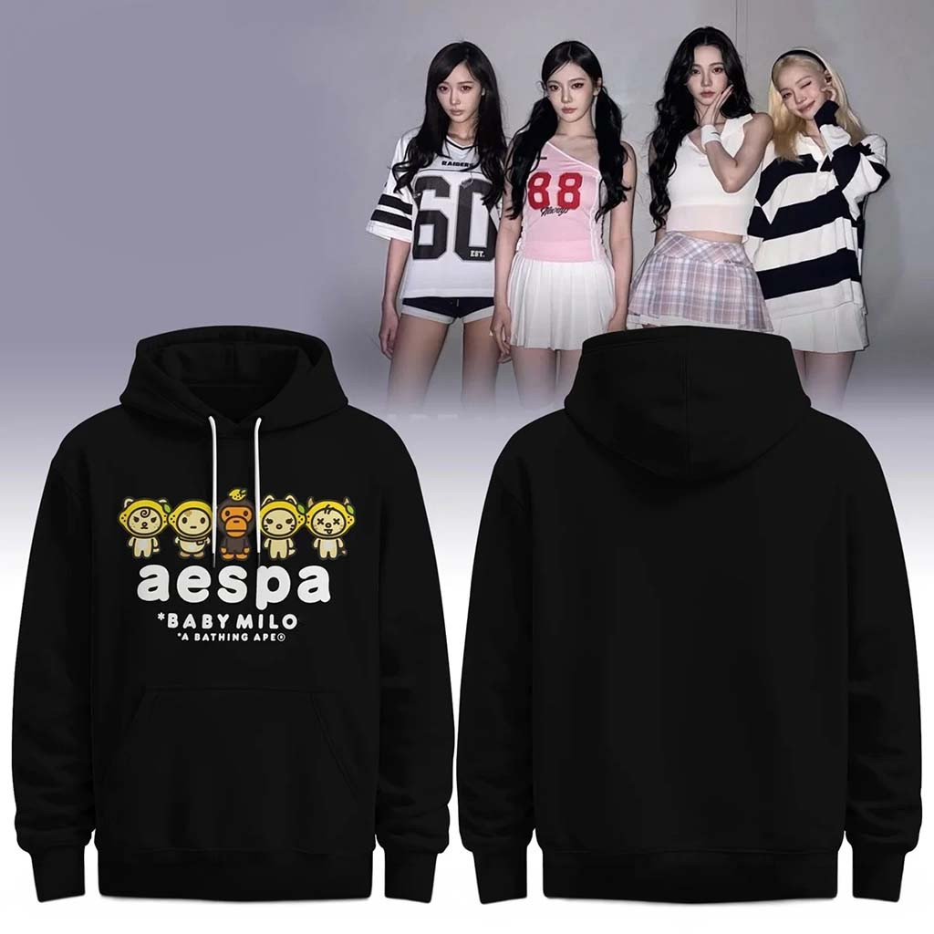Bape X Aespa Baby Milo Lemonade Black Hoodie Aespa Merch 2026 KPop Gear Gift For Fans - Kdjoy Bape X Aespa Baby Milo Lemonade Black Hoodie Aespa Merch 2026 KPop Gear Gift For Fans - Kdjoy