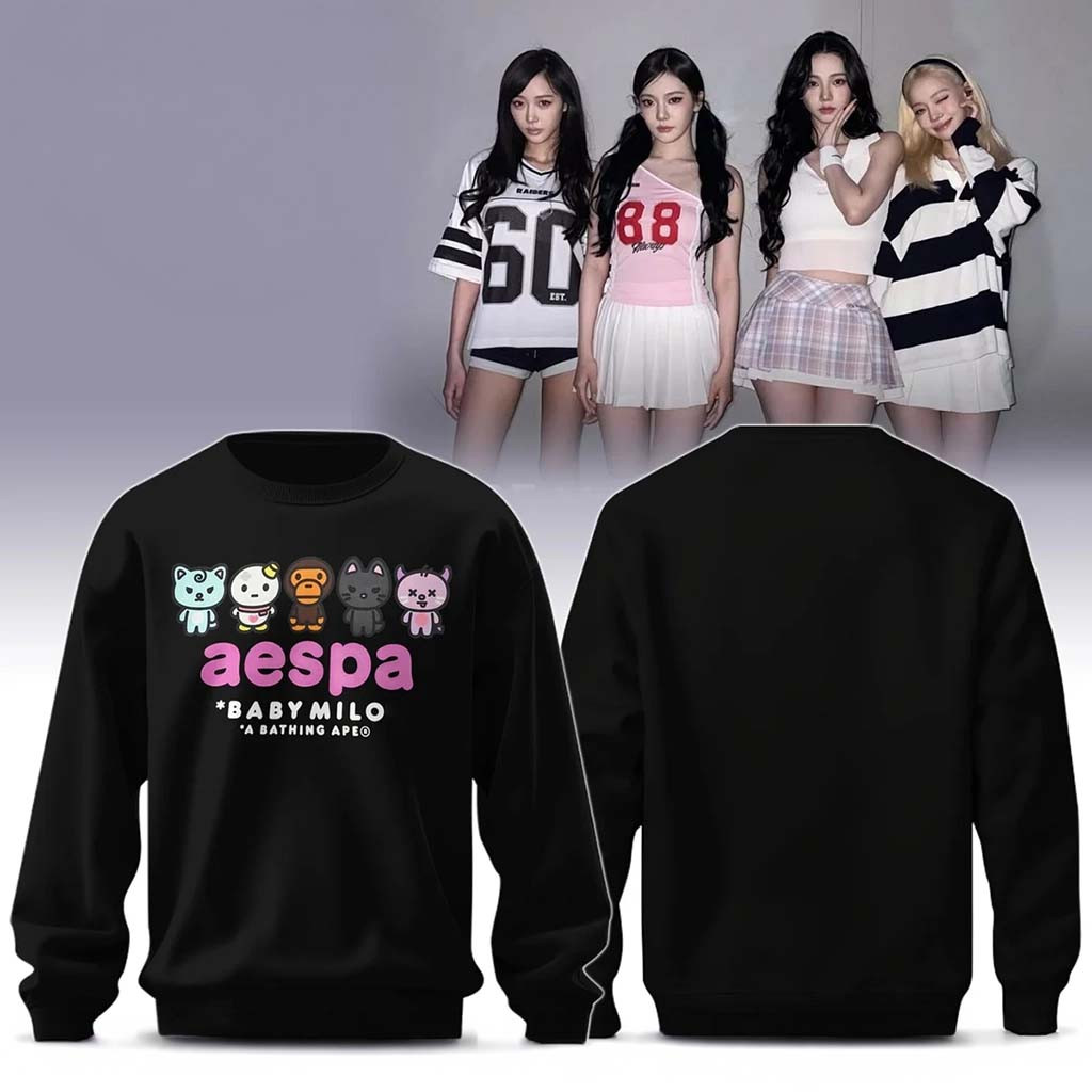 BAPE X AESPA Baby Milo Sweatshirt Black 2026 A Bathing APE AESPA Merch Present For Kpop Fans - Kdjoy