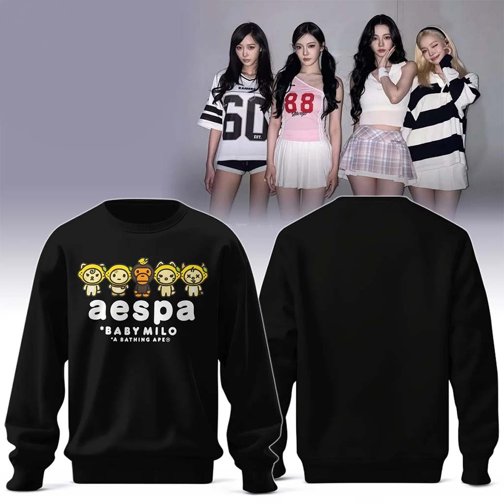 Bape X Aespa Merch 2026 Aespa Baby Milo Lemonade Black Sweatshirt 2026 KPop Gear Gift For Fans - Kdjoy