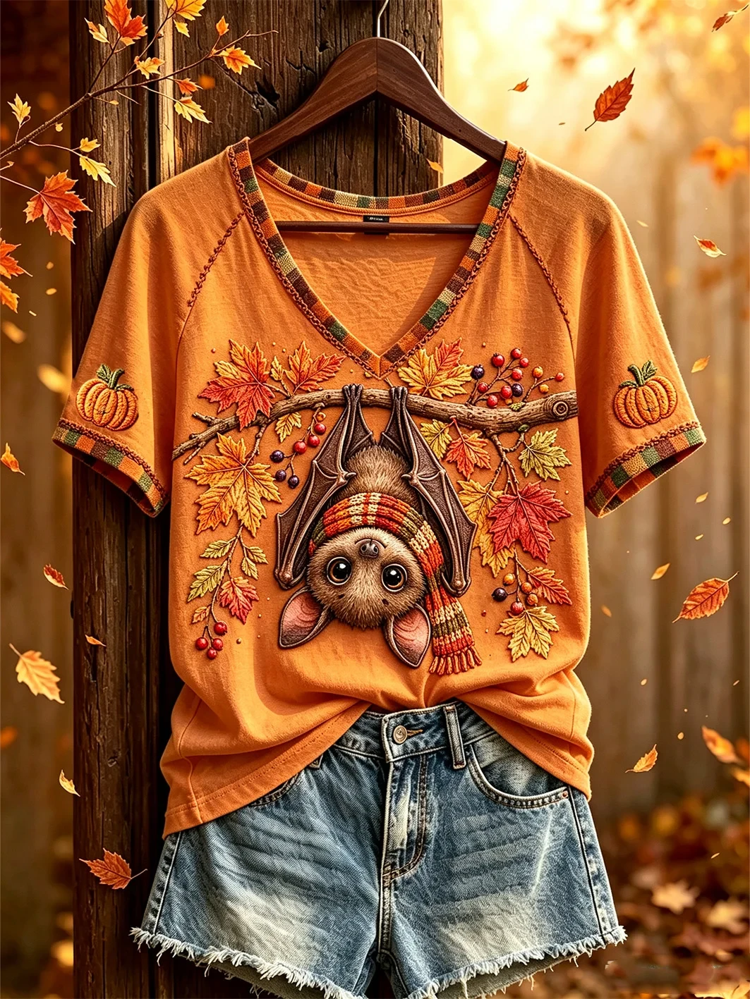 Bat Autumn Vibes V-Neck Shirt Cute Fall Clothing Gifts For Bat Lover Present For Wife - Kdjoy