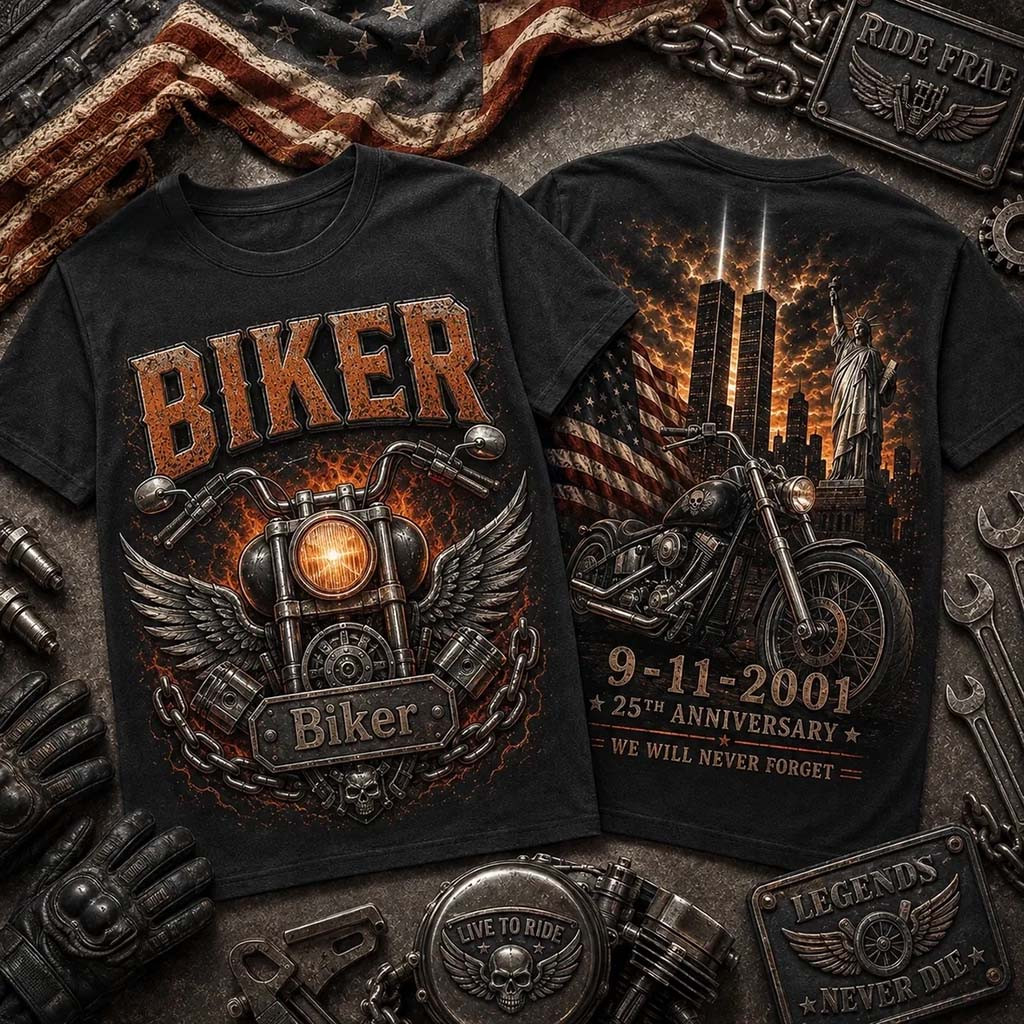 Biker 9 11 25th Anniversary Motorcycle T-Shirt We Will Never Forget Shirt Present For Him - Kdjoy