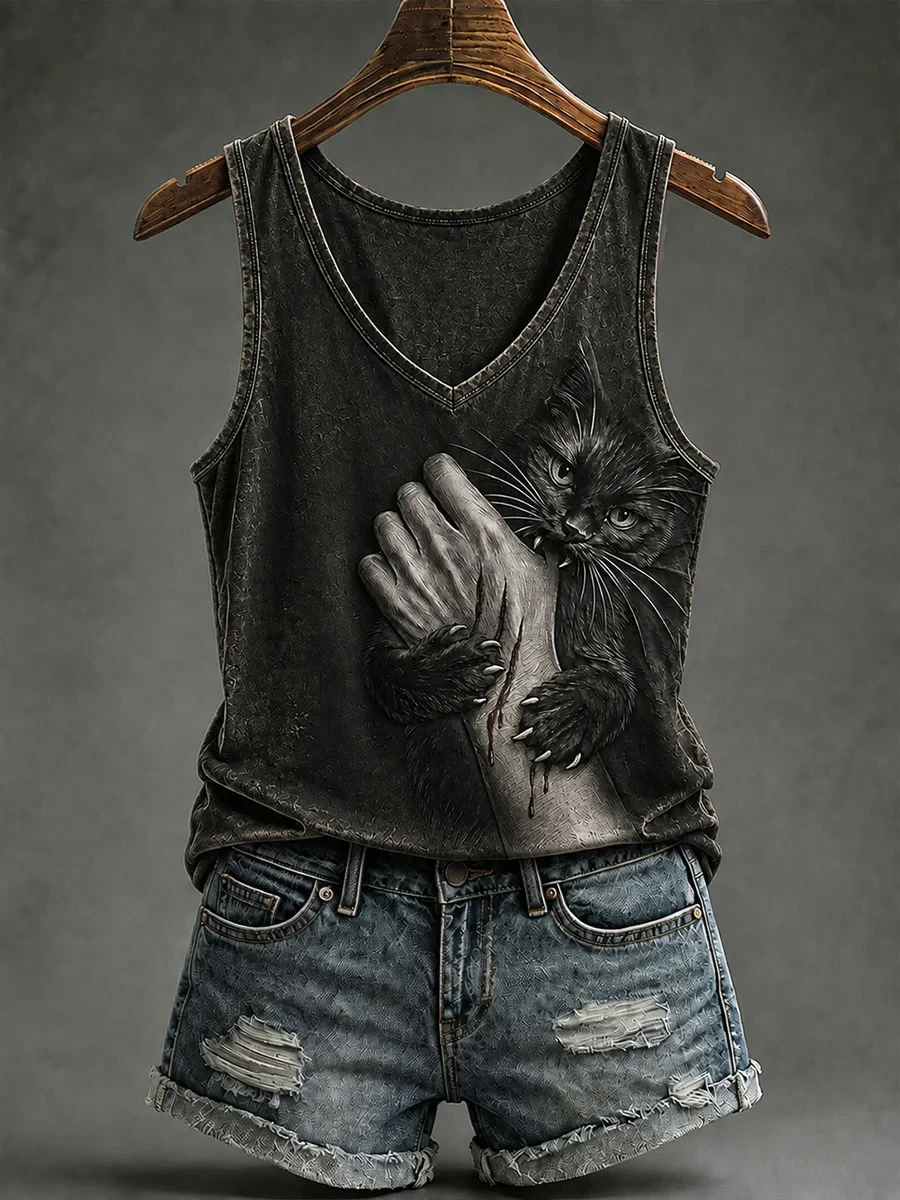 Black Cat Biting Hand Tank Top Cat Halloween Merch Clothing For Spooky Lovers - Kdjoy