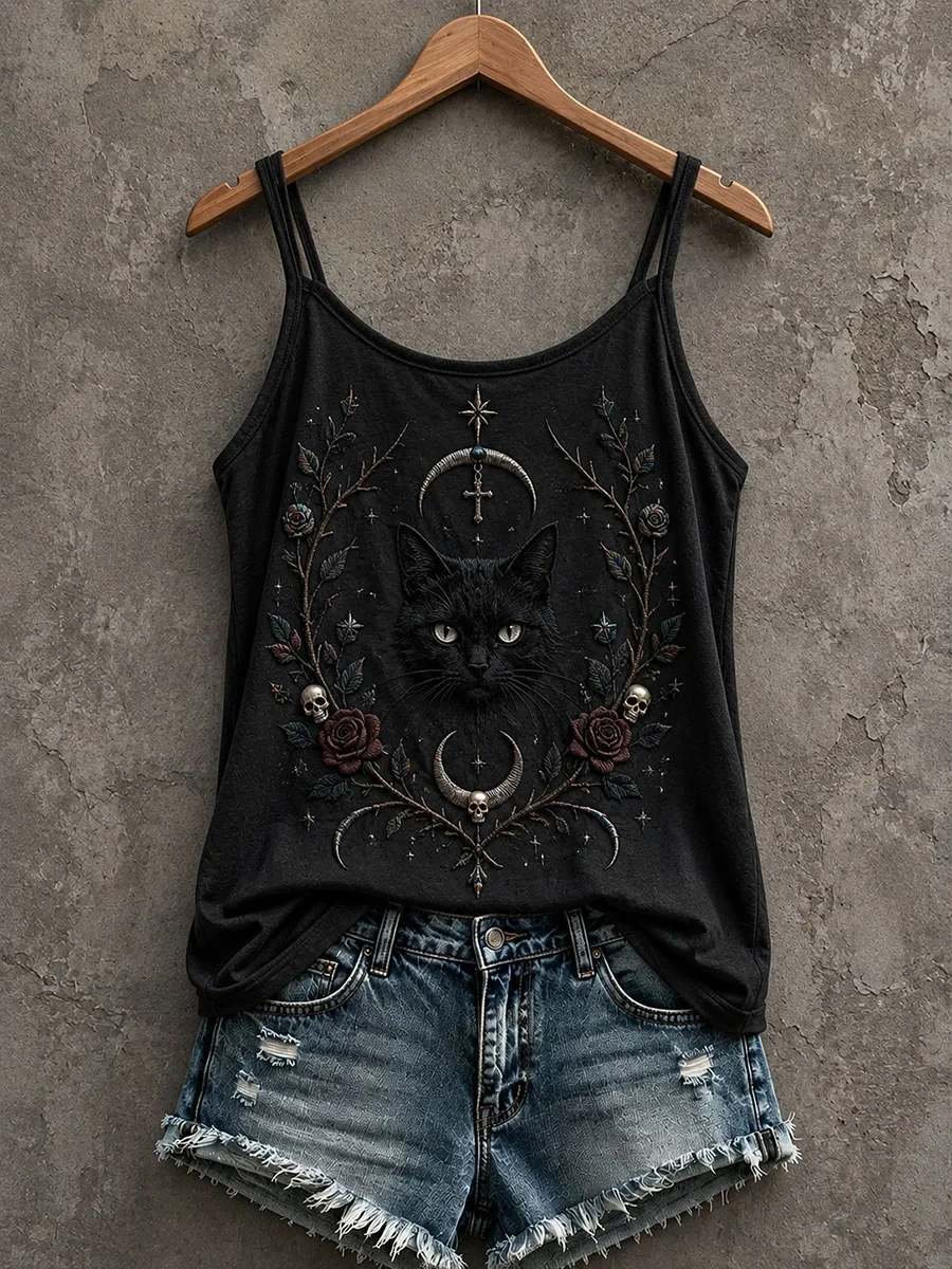 Black Cat Crescent Moon Skulls Tank Top Gothic Halloween Clothing Spooky Gift Ideas - Kdjoy