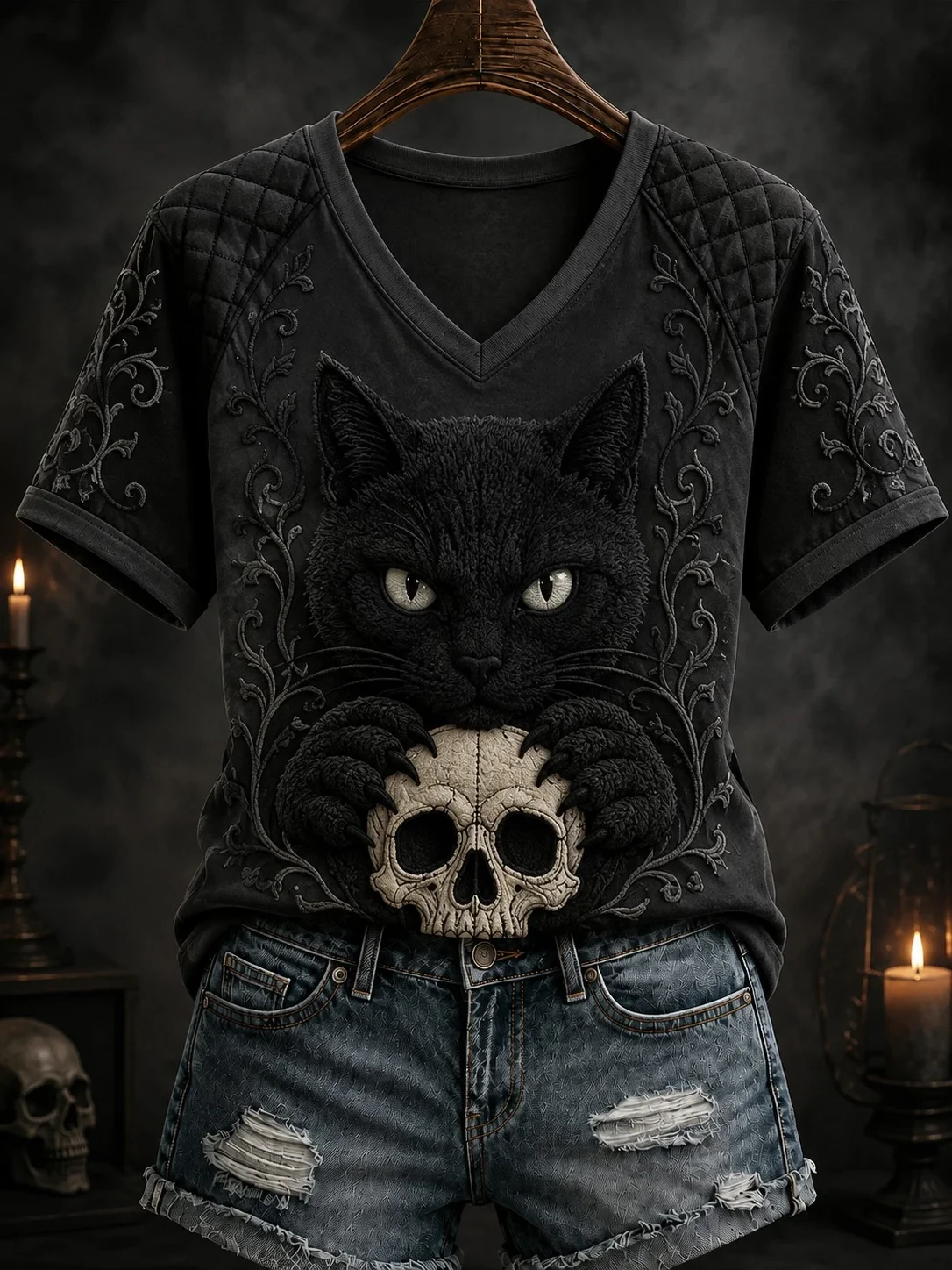 Black Cat Eyes V-Neck Shirt Scary Halloween Present Ideas For Women - Kdjoy