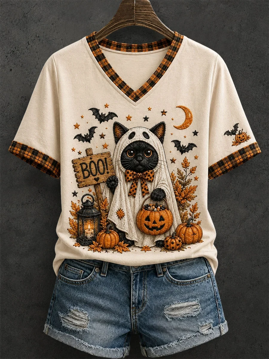 Black Cat Ghost Halloween V-Neck Shirt Cute Spooky Season Apparel Gift For Cat Lovers - Kdjoy