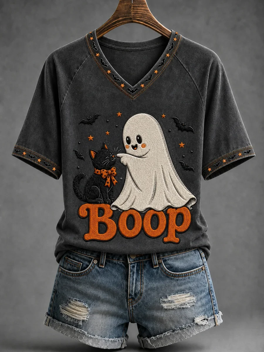 Black Cat Halloween Ghost Boop V-Neck Shirt Cute Halloween Apparel Gift For Cat Lovers - Kdjoy Black Cat Halloween Ghost Boop V-Neck Shirt Cute Halloween Apparel Gift For Cat Lovers - Kdjoy
