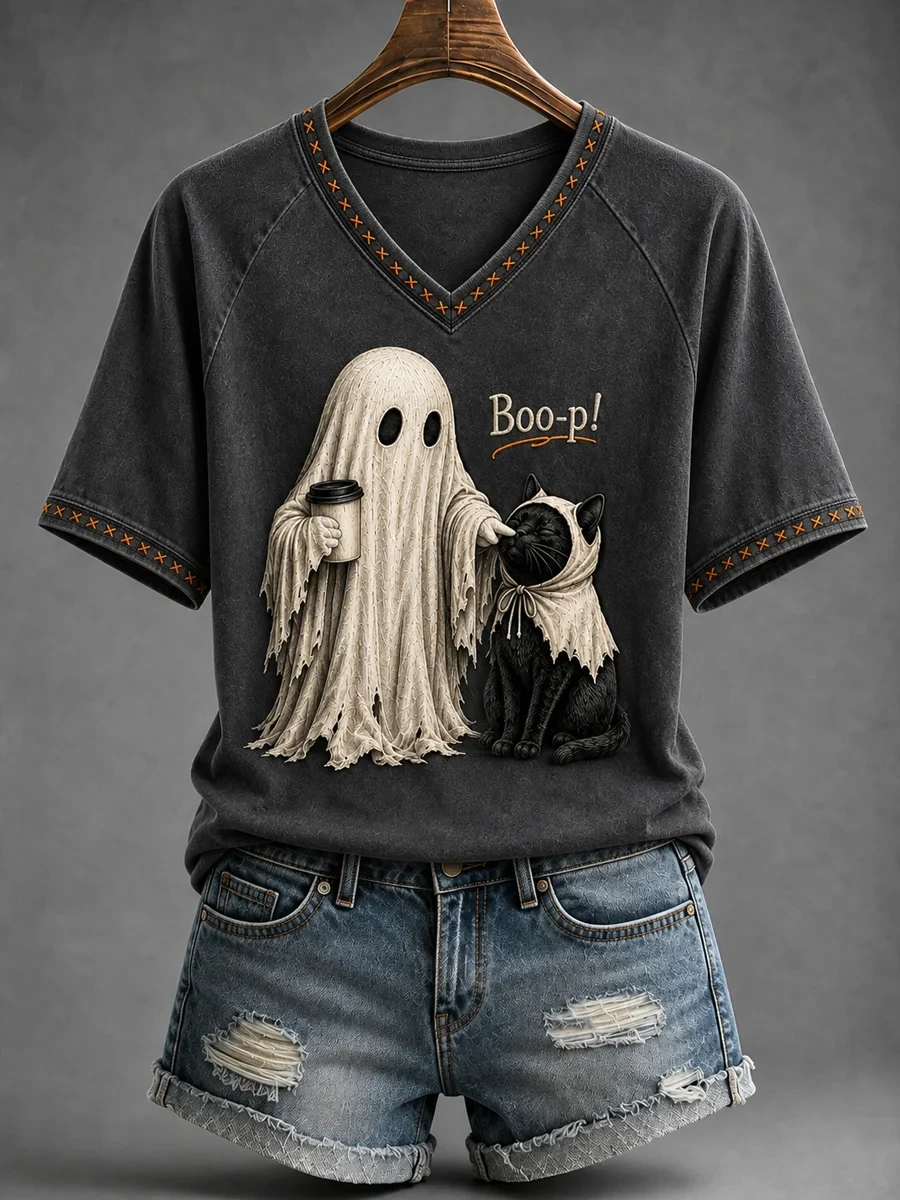 Black Cat Halloween Ghost Boop V-Neck Shirt Women's Cute Halloween Outfit Gift For Cat Lovers - Kdjoy