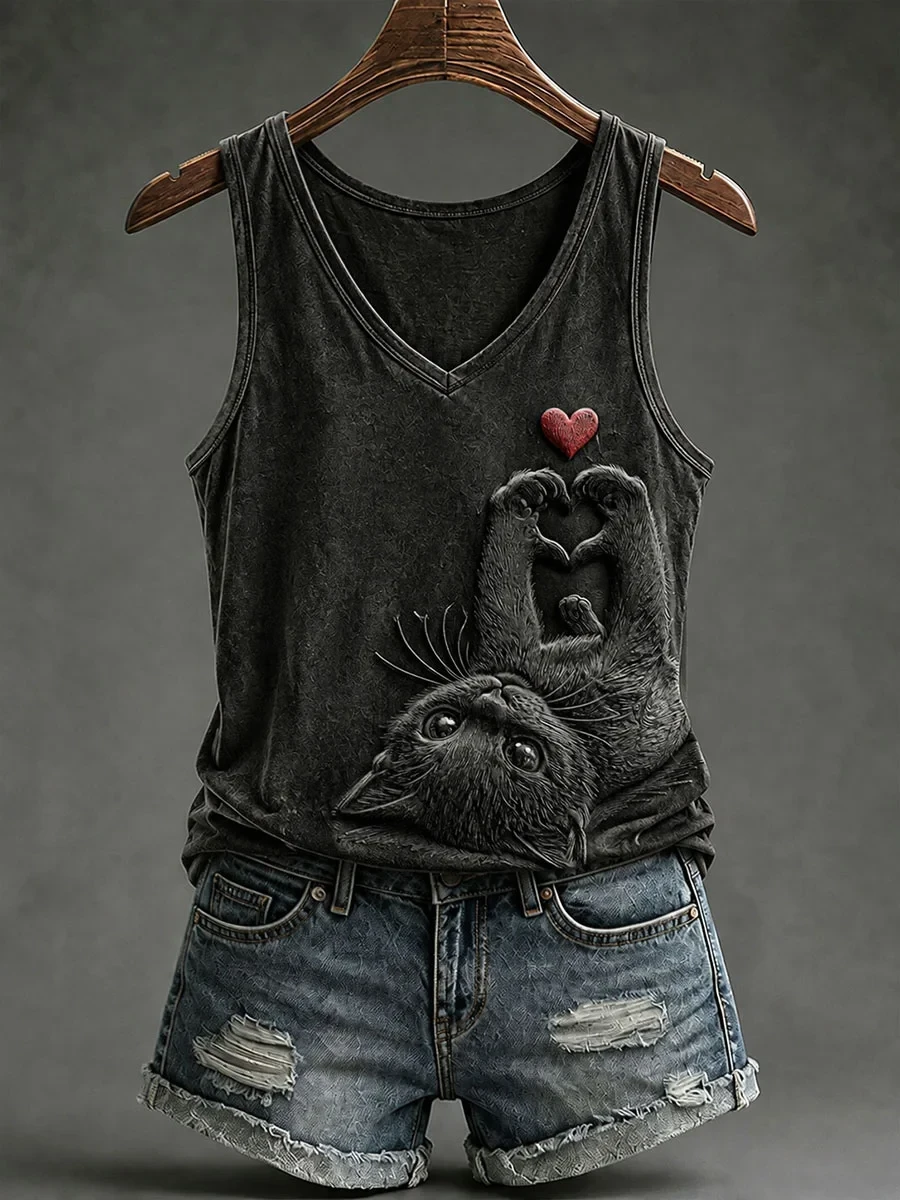 Black Cat Heart Paws Tank Top Cat Love Merch Trendy Halloween Apparel - Kdjoy