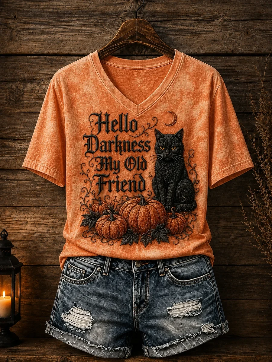 Black Cat Hello Darkness My Old Friend V-Neck Shirt Halloween Outfit Shop Gift For Cat Lovers - Kdjoy