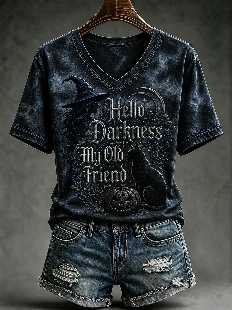 Black Cat Hello Darkness My Old Friend V-Neck Witch Outfit For Women Halloween Gifts - Kdjoy
