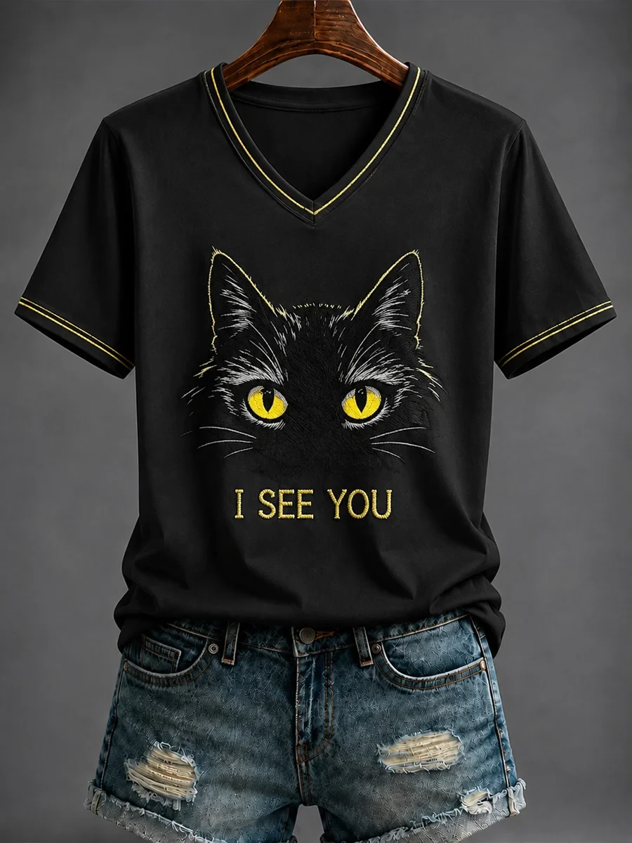 Black Cat I See You V-Neck Shirt Best Halloween Outfits Gifts For Cat Lovers - Kdjoy