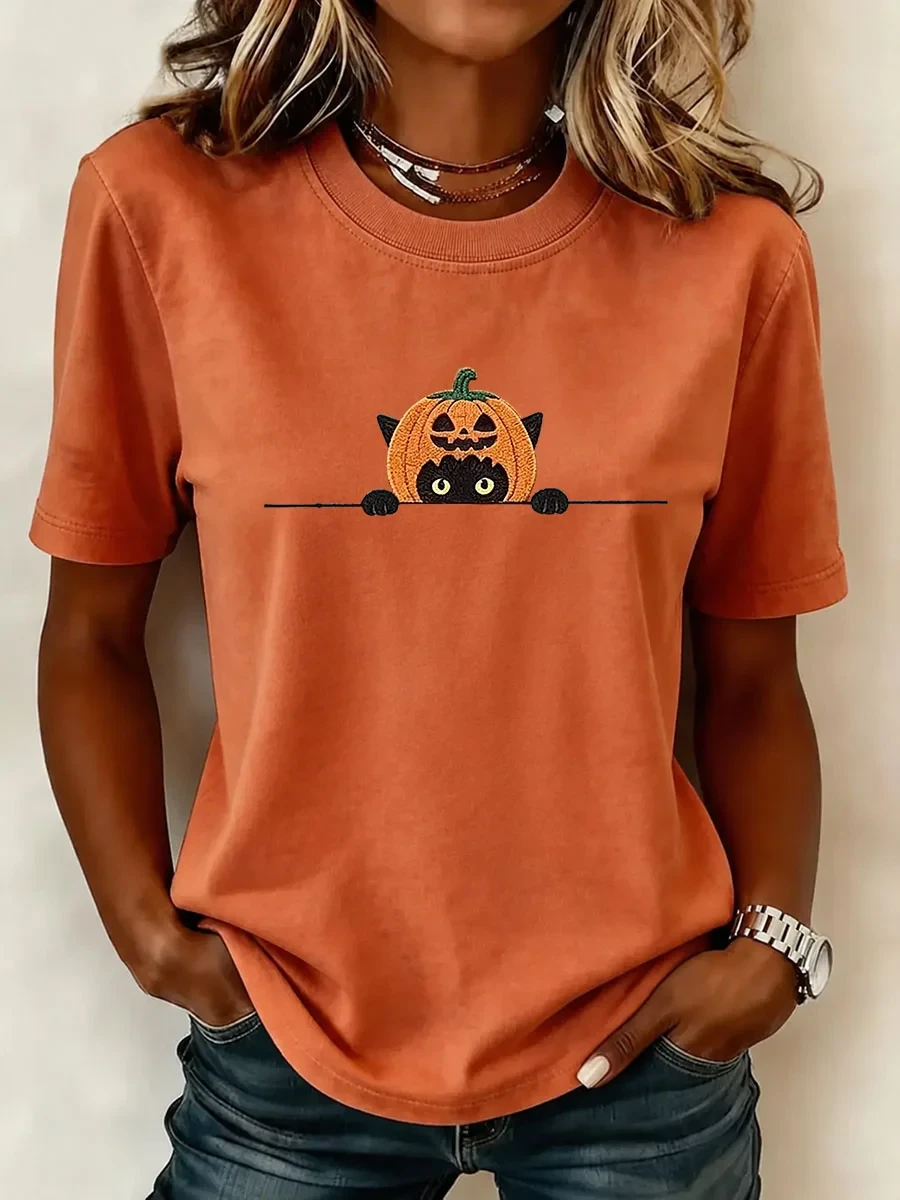 Black Cat In Pumpkin T-Shirt Halloween Cat Merch Cute Outfit Gift - Kdjoy
